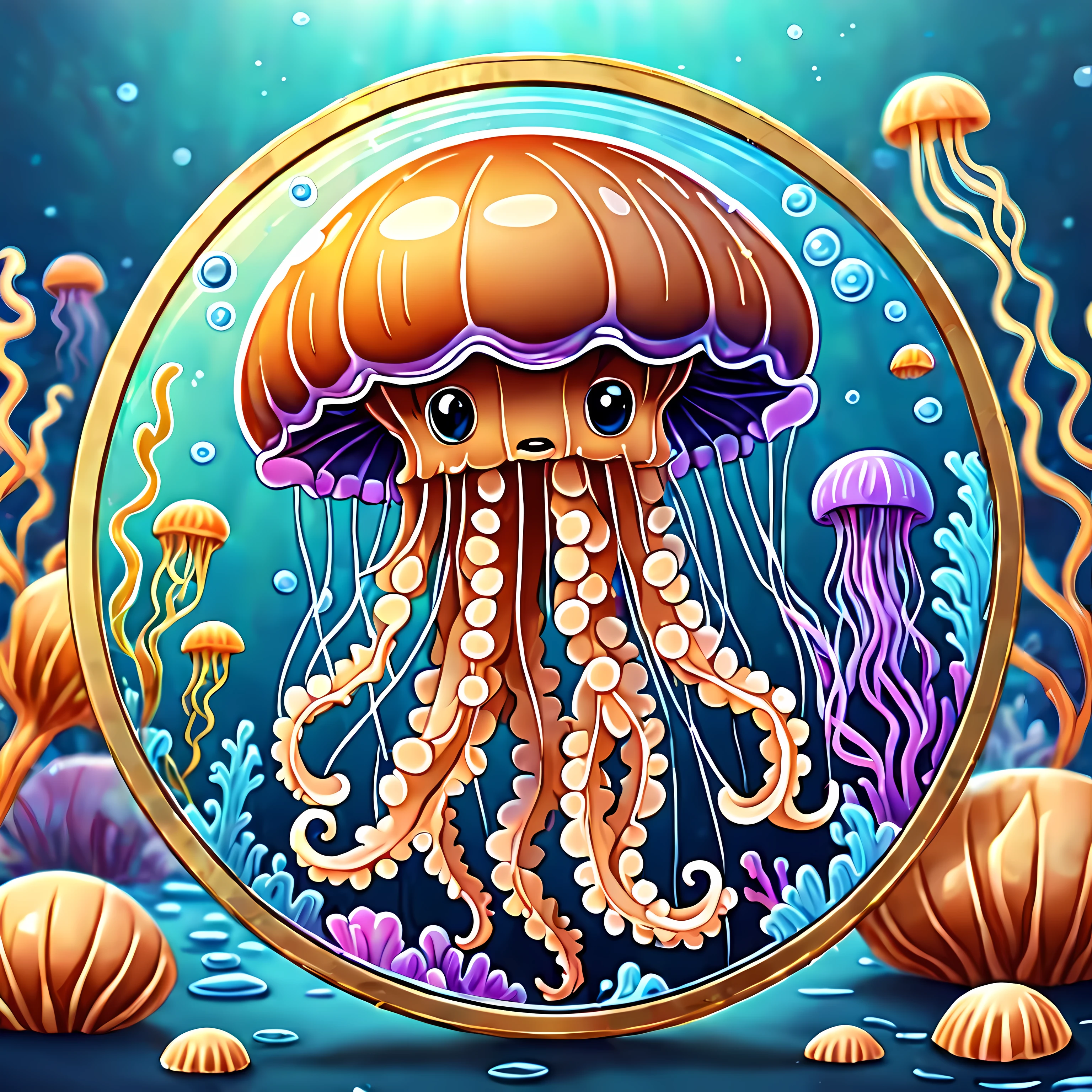 (cute cartoon style:1.4), masterpiece in maximum 16K resolution, a beautiful round coin with an image of a majestic jellyfish, surrounded by marine elements. | Simple ((blurry)) shimmering background. | ((More_Detail))