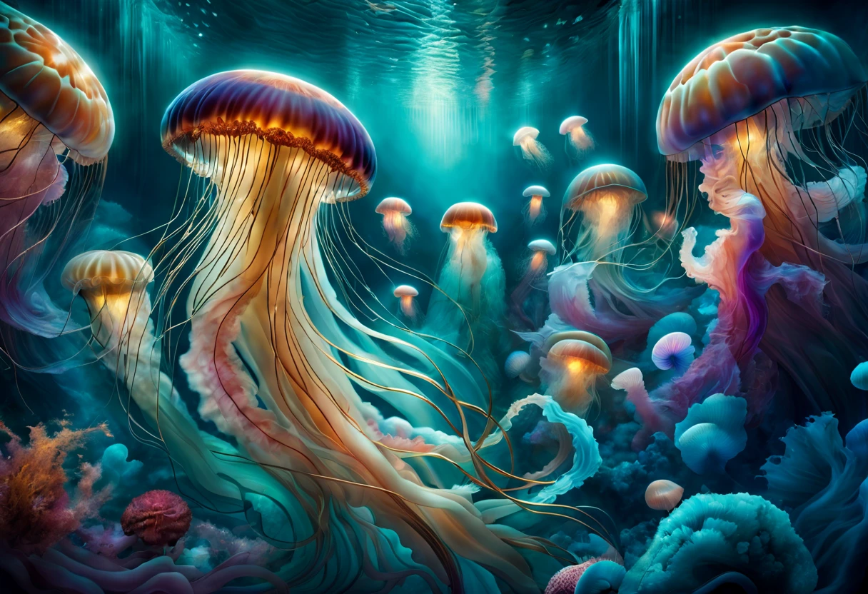 In the enchanting style reminiscent of Lassen's modern art, envisage a vivid illustration capturing the essence of jellyfish. Immerse the canvas in an ethereal glow, with luminescent hues and a surreal play of light and shadow, mirroring Lassen's trademark aesthetic. Infuse the scene with fluidity and movement, showcasing the graceful dance of jellyfish tentacles. Utilize a palette of dreamlike colors to evoke an otherworldly underwater realm. Incorporate Lassen's characteristic organic forms and flowing lines, creating a harmonious fusion of the artist's signature style and the mesmerizing beauty of jellyfish. Let the resulting image be a testament to the marriage of contemporary artistic expression and the enchanting mysteries of the ocean depths.