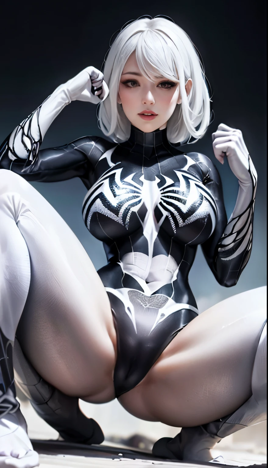 4K,realistically,charming,very detailed,There is a girl in Dingcheng,white hair,Wearing black Spider-Man costume,(black and white:1.4) night,symbiont,poison,lots of mucus,She is a hero,Black superhero theme,in front of the sky,complexion,( spread legs, camel toe,, vulva shape:1.3),(GGcamel toe:1.3),25 years old,Full body female love