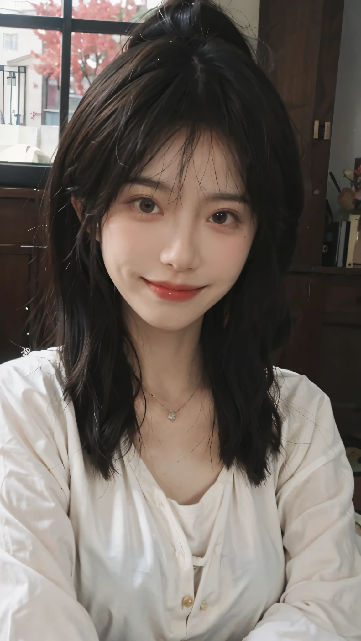 best quality, ultra high resolution, (realistically:1.4),cute hairpin,Baoyu Girl,European style apartment,A pair of clear and charming peach blossom eyes,Royal sister,The sun shines on the face,Big breasts,Big wavy hairstyle,(necklace:1.2),(White skin:1.4),a sense of atmosphere,a beautiful girl, Smile,Looking directly at the viewer, (lifelike:1.4),1 girl,Sexy,(Upper body:1.4),(wet),(:1.2)