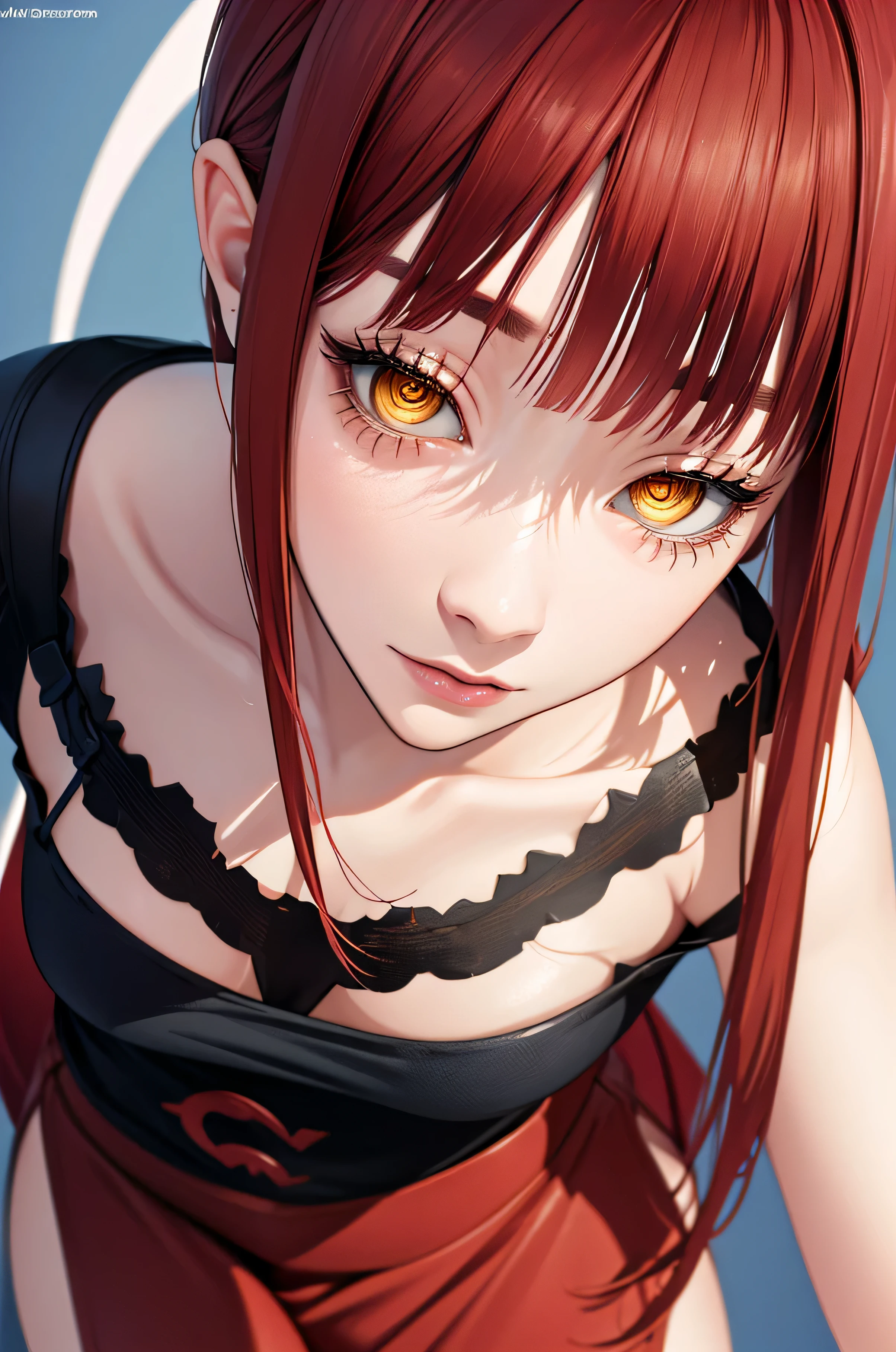 masterpiece, best quality, (extremely detailed CG unity 8k wallpaper, masterpiece, best quality, ultra-detailed, best shadow), (detailed background), (beautiful detailed face, beautiful detailed eyes), High contrast, (best illumination, an extremely delicate and beautiful),1girl,((colourful paint splashes on transparent background, dulux,)), ((caustic)), dynamic angle,beautiful detailed glow,full body, paint splash on face. close up of a woman, anime girl with red long hair and blue jeans posing for a picture, realistic anime 3 d style, android 18, seductive anime girl, anime realism style, attractive anime girl,beautiful alluring anime woman, looking like Makima