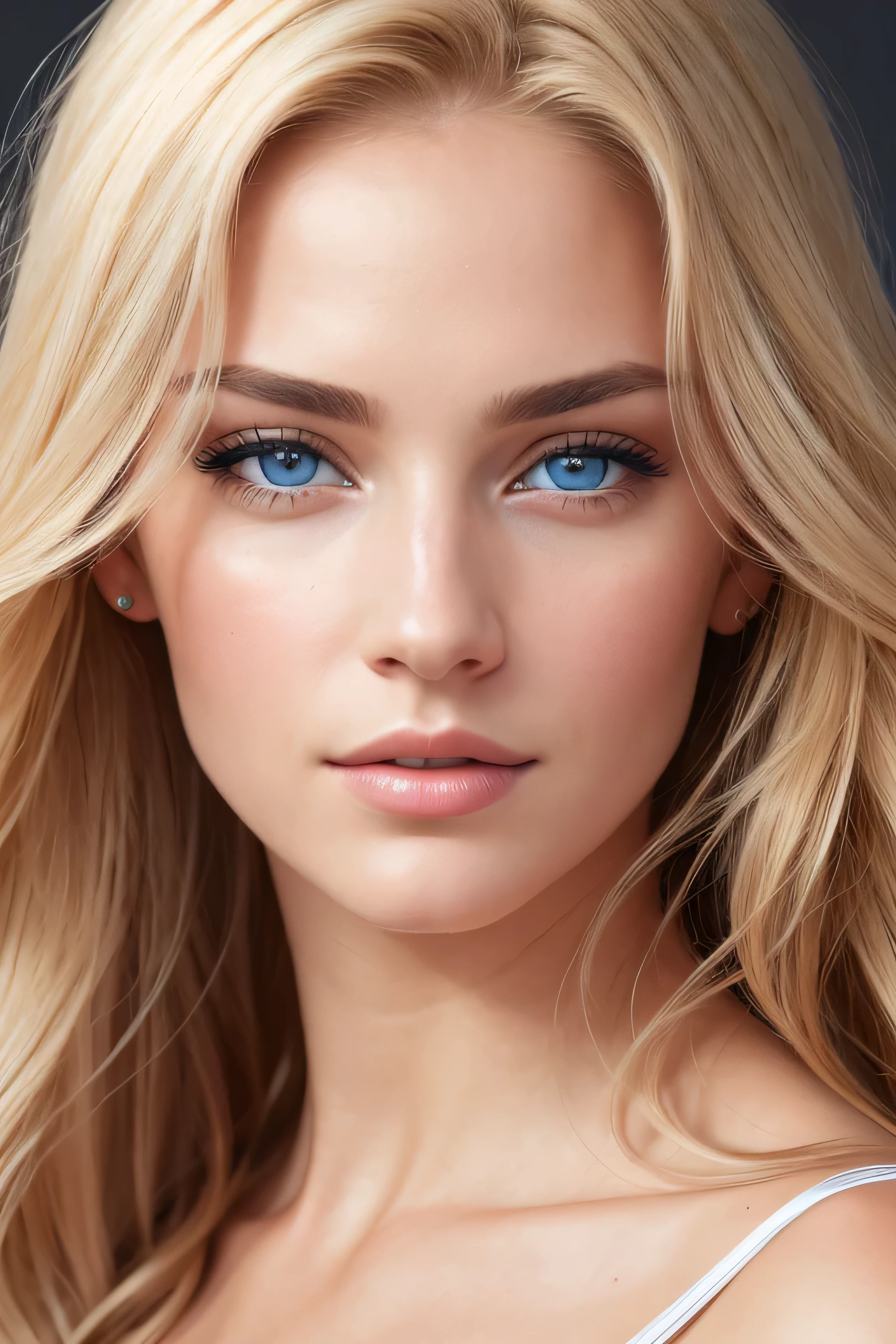 A portrait of a captivating European woman with blonde hair cascading over her shoulders and blue eyes that shimmer with intrigue. Her detailed eyes and face showcase expressiveness and beauty, heightening her allure. The image, photorealistic with a 1.37 aspect ratio, boasts ultra-detailed features, making every pore, wrinkle, and strand of hair visible. This high-definition masterpiece is rendered in best quality, with a resolution of 16k UHD, vibrant colors, and a pristine white background that highlights her striking features. (Canon EOS R6, 100mm macro lens, F/4.0, soft