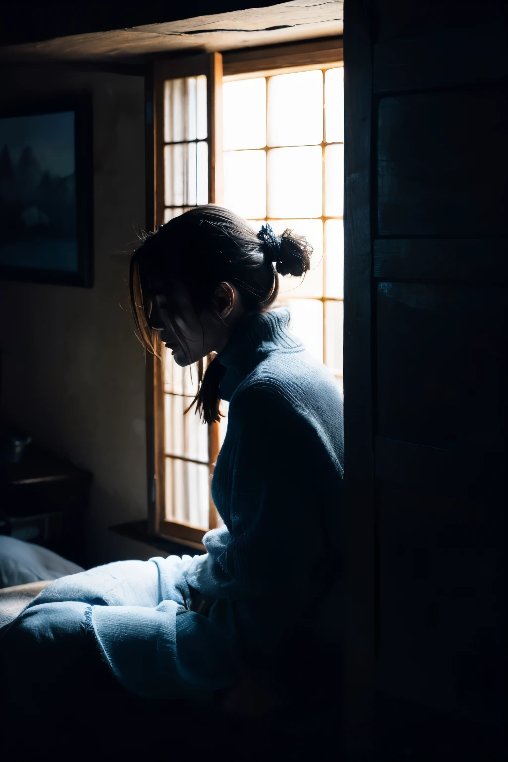 ((highest quality)),Satomi Ishihara,Japanese,profile,midnight,quiet rain,old cottage,A blue candle lights up in a dark room,daydream,Pose of creating an eaves with your palms,Squint your eyes and look ennui,crying bokuro,shortcut,Navy blue knitwear,crisp jeans,