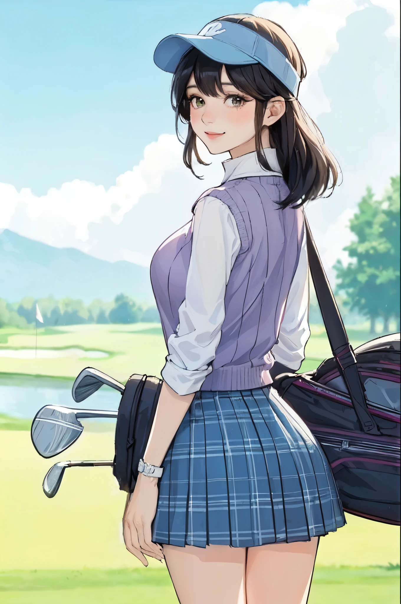 1lady standing, (looking back) (from behind), (golf wear) stylish, cap, mature female, /(black hair/) bangs, blush light smile, (masterpiece best quality:1.2) delicate illustration ultra-detailed, large breasts BREAK (green of golf course) outdoors, (golf club), noon, detailed background