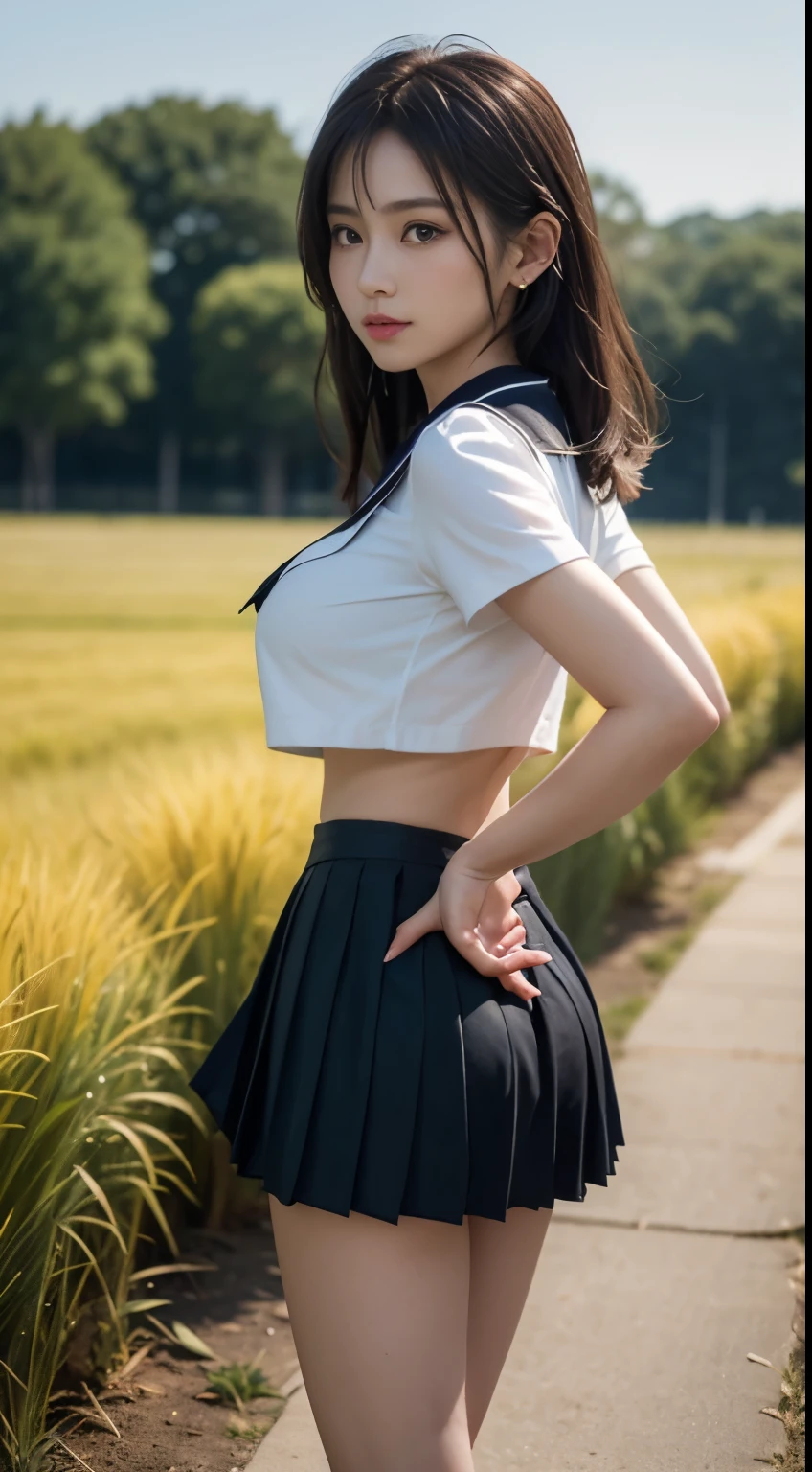 (highest quality:1.4), (hyper quality), (Super detailedな), 1 beautiful girl, (group of female high school students:1.3), Super cute, wonderful face and eyes, (Short-sleeved sailor suit made of thin white fabric), Black pleated micro mini skirt with low rise:1.1, (black pleated mini skirt:1.5), (Beautiful and incredibly big breasts:1.3), (The shape of the nipple protrusions through the uniform:1.4), (uniform is not exposed:1.2), (The fabric of the uniform is thin and the shape of her chest is clearly visible.:1.3), Realistic uniform wrinkles, (red ribbon:1.1), (underboob:1.1), (Massaging her breasts over her uniform:1.2), (slender body:1.1), (slender and long beautiful legs), (thin waist), real skin texture, crystal clear very white skin, (bangs:1.2), earrings, light makeup, (Don't look at me, look ahead), beautiful goddess advent, beautiful background, golden ratio, conceptual art, Super detailed, Accurate, advanced details, (walk along a path surrounded by fields:1.2), My chest sways, Super close, sexy art, (Under the summer sun), bright light, Super delicate illustration details, Highly detailed CG integrated 8k wallpaper, RAW photo, professional photos, cinematic lighting, Depth of the bounds written, No bra, (The nipple protrusions push up the uniform:1.2), (Sharp nipples through the uniform), cropped tops, High heels on bare feet, (back view, stick out your butt)