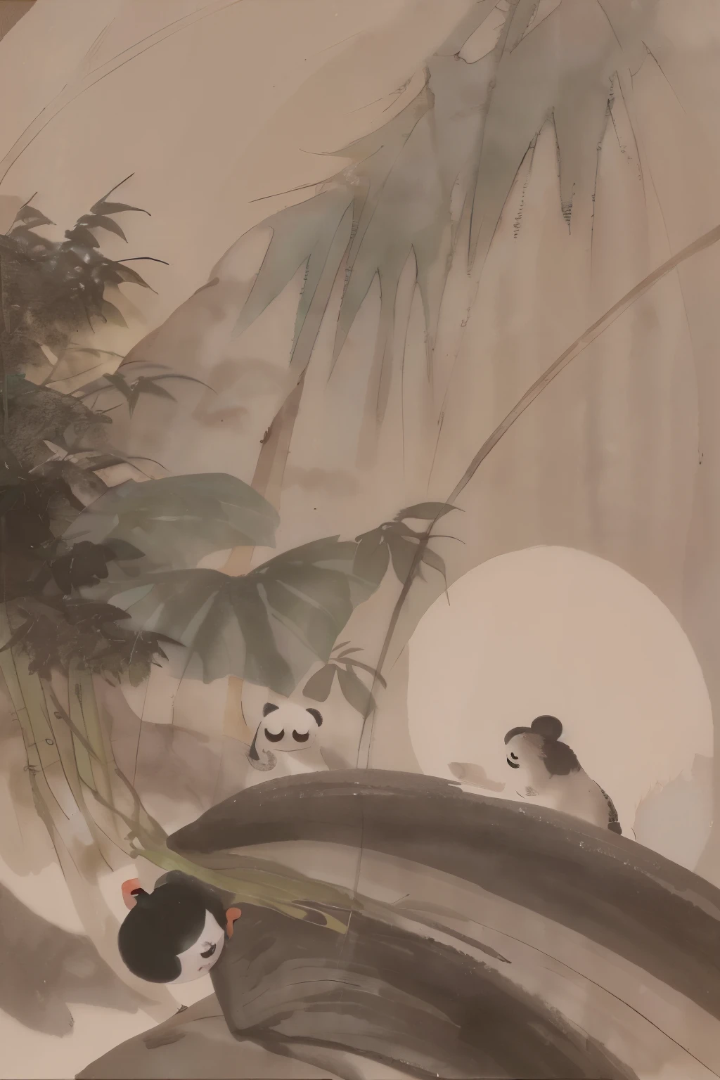 Draw a Chinese ink painting of a serene scene in a bamboo forest. We can picture a panda in this idyllic setting, taking a leisurely break. The panda sits quietly, exuding a sense of natural relaxation and contentment. One paw cradles a bamboo tube, used as an unconventional container for milk tea. The other hand gently caresses the tiny bubbles that form on the surface of the tea. The bamboo stalks around the panda sway gently in the breeze, adding an element of agility and harmony to the scene. The ink painting utilizes mainly black and gray hues to create a hazy, tranquil, and elegant atmosphere. --s