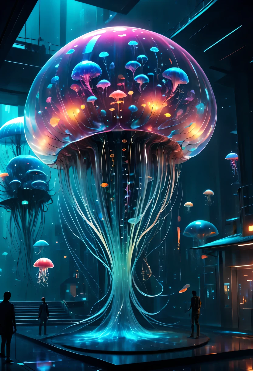The jellyfish pavilion of the future,Mechanical水母亭子,Sci-Fi Jellyfish House,Surreal jellyfish architecture,bioMechanical style Ultra detailed illustrations, phantom magical creature, (Translucent skin: 1.5), (translucent body: 1.5) multiple sclerosis. scif'Art, neon lights, light particles, color, cmyk color, backlight, cyberpunk, close up, Mechanical, (whole body: 1.9), dark background, View from top to bottom. blend of organic and Mechanical elements, futuristic, cybernetic, detailed, complicated,Selective focus, Miniature effects, blurred background, highly detailed, Energetic, View control,(Rich color:1.6),