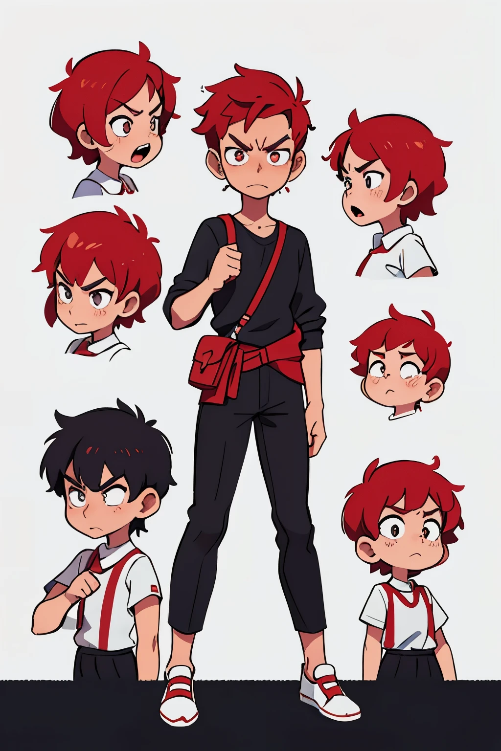 Guy in white school shirt, black pants, red hair, black shoes, angry