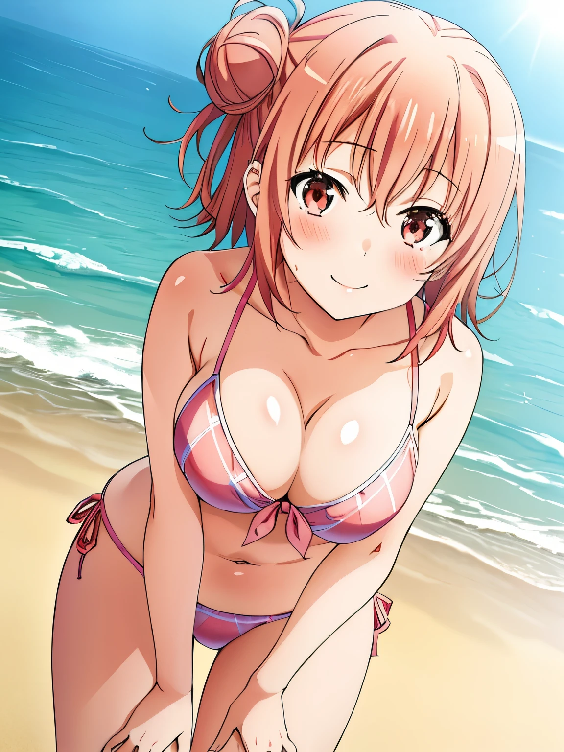 masterpiece, 最high quality, high quality , young girl,
yuigahama yui,
short hair, blush,pink bikini, single hair bun,
looking at the viewer,beach,
large breasts, wet hair,
(from below, cowgirl position, under breast:1.3),