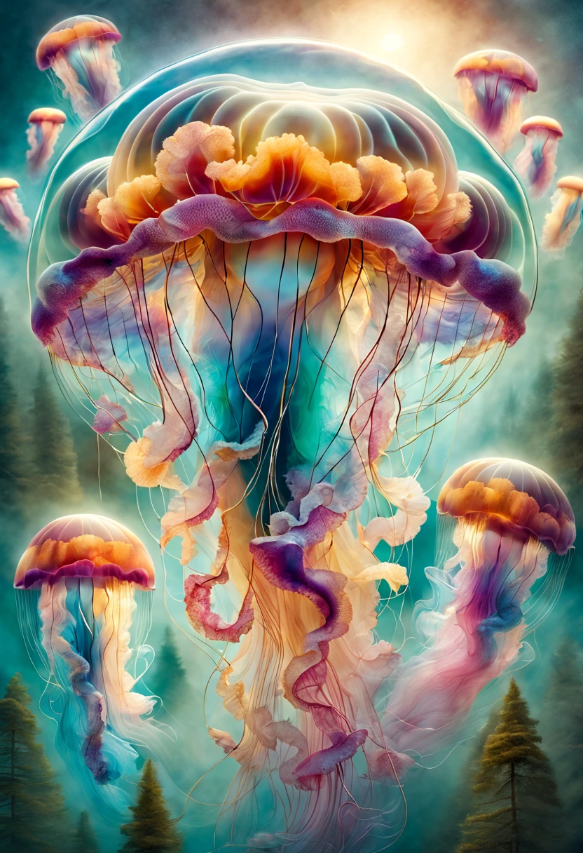 Envision a captivating illustration fusing Christian Lassen's modern art style with the technique of multiple exposures, capturing the ethereal beauty of jellyfish. Immerse the canvas in a kaleidoscope of colors, utilizing Lassen's signature vibrant palette. Employ multiple exposure techniques to create a mesmerizing interplay of translucent layers, enhancing the surreal and dreamlike quality of the scene. Let the fluid forms of jellyfish seamlessly blend with Lassen's characteristic organic shapes, creating a harmonious visual symphony. The resulting artwork should be a testament to the innovative intersection of Lassen's iconic style and the mesmerizing allure of jellyfish, inviting viewers into a world where art and nature coalesce in a captivating dance of light and form.