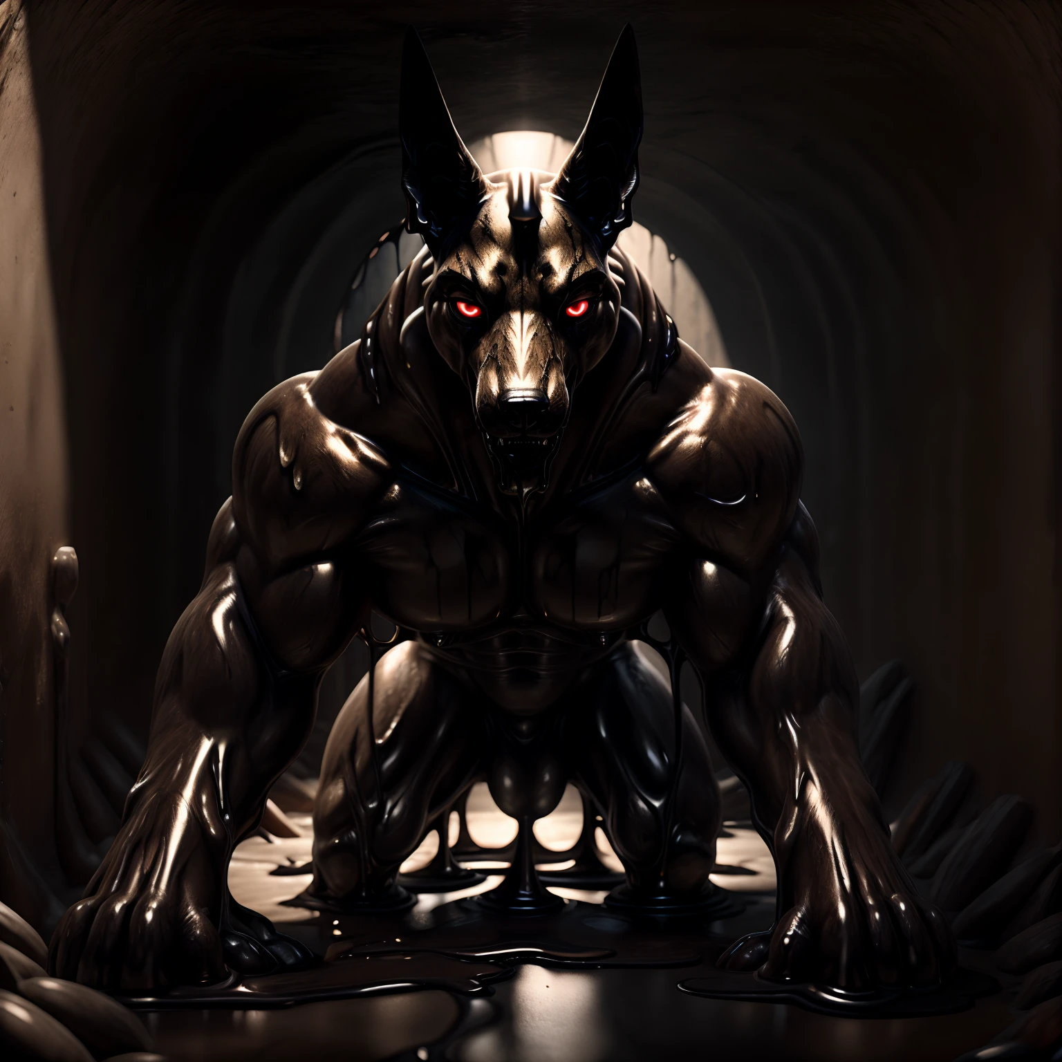 A muscular Anubis covered in goo stands against the wall in a dirty and wet sewer. It has glowing red eyes and is adorned with golden jewelry. Its latex-covered body is detailed and realistic, with emphasis on its very muscular physique. The image quality is of the best quality, with ultra-detailed features and a photorealistic rendering. The color tone is dominated by dark and earthy tones, creating a mysterious and eerie atmosphere. The lighting is dimly lit, accentuating the glowing red eyes and creating dramatic shadows. The scene is filled with a sense of dirtiness and dampness, making the environment feel gritty and real. The Anubis has a big paw, adding to its imposing presence. The surrounding goo adds texture and depth to the image, making the whole scene more visually engaging.