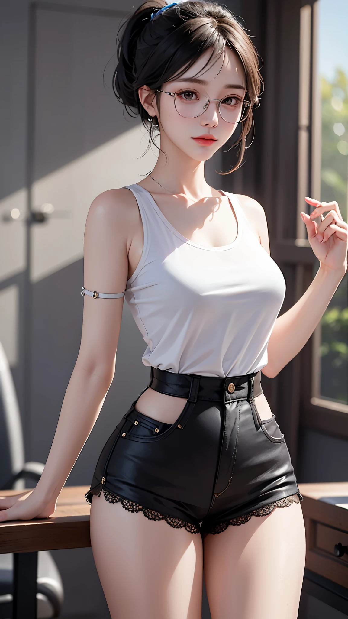 street, single ponytail, Side Mao Insult, high ponytail, tall figure, long legs, (sleeveless lace shirt), (shorts), (striped )), ((striped )), walk, elegant, dignified, feminine, Beautiful curves, sweet smile, Strong sense of detail and layering, Rich and gorgeous colors, Has a unique texture, colorful, Color harmony, vivid, design art, 16k, super detailed, {{illustration}}, {extremely delicate and beautiful}, {Sophisticated finish}, Super detailed, Exquisite glowing eyes, {{movie lighting}}, Extreme light effects, Model: realism, CFG scale: 12, lola: Bright texture (1.35), high quality, masterpiece, Exquisite facial features, Delicate hair depiction, Delicate depiction of eyes, masterpiece, best quality, Ray tracing, Extremely detailed CG unified 8k wallpaper, masterpiece, best quality, (1 girl), perfect female figure, (((tight white t shirt))), beautiful eyes, (delicate face), short black hair, hair tied up, Light blue hairpins, black silk frame glasses, in the classroom, (White skin), (best lighting), (Super intricate details), 4K unified, (super detailed CG), Showing white legs, , hot pants, shorts,