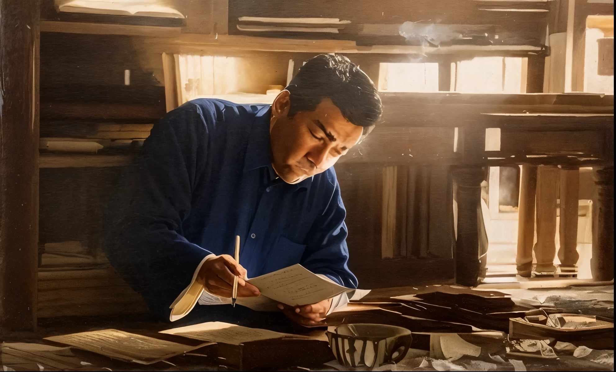 A beam of light from the window passed through the window and hit the pen of a middle-aged man in a dark blue gown who was writing on the ground.