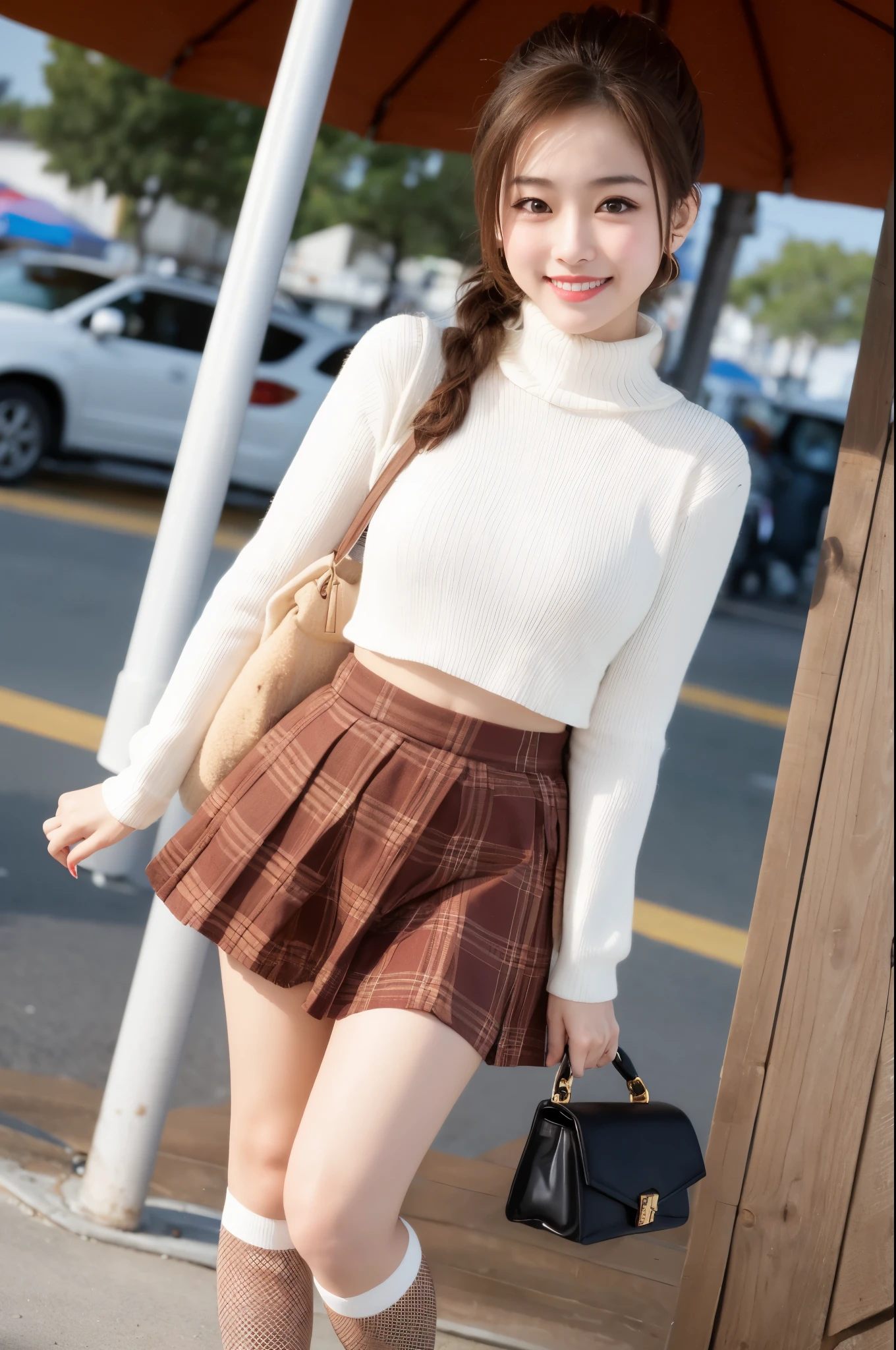 high quality masterpiece UHD, stylish girl, big eye, upturned smile, brown Ponytail, Right Hand on Hip, cute checkered Mini skirt, Knee-high Socks loafers, sunny Beach, Wide Angle
