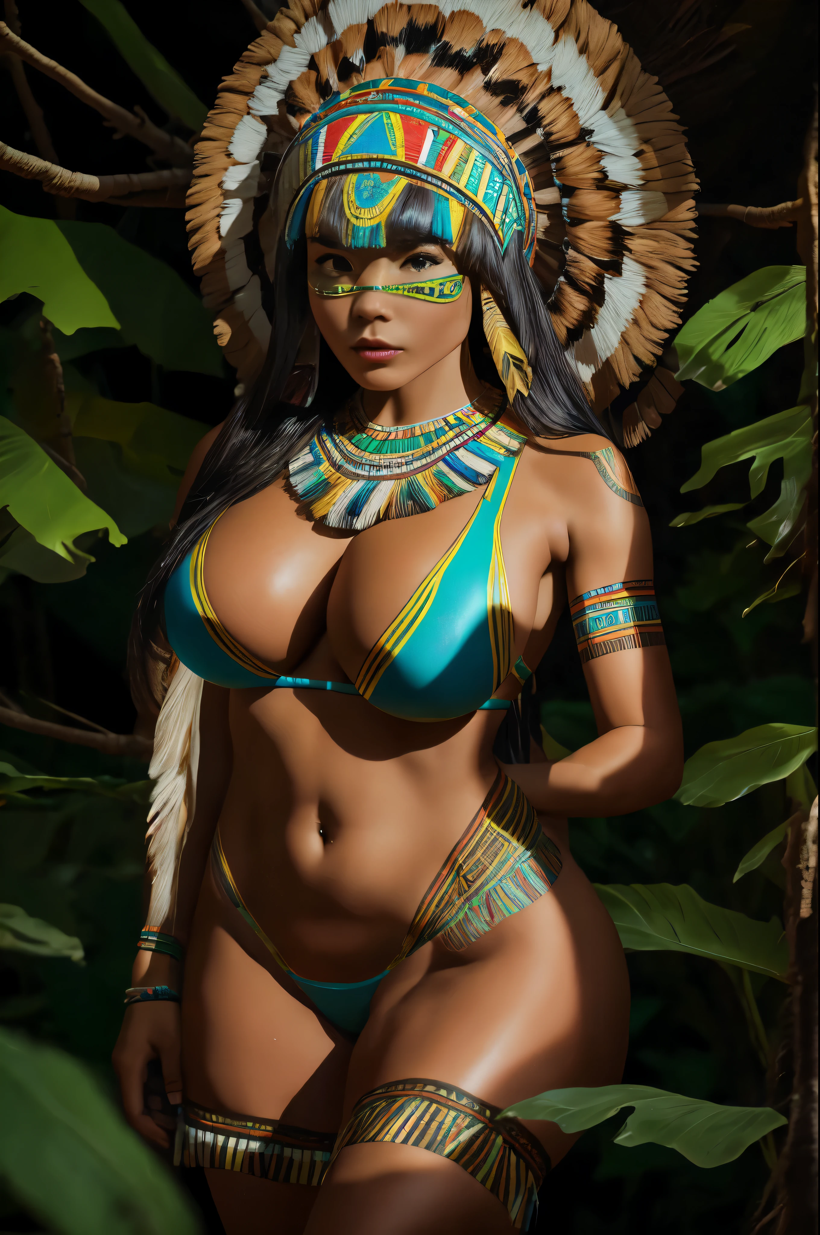 8K, mais alta qualidade, ultra detalhes, South American indigenous woman, peitos enormes, bunda enorme, body of Brazilian indigenous painting on the entire body, sem roupa, lush rainforest scenery, ((cocar de penas)), sexy expression, Deep connection with nature, full body view