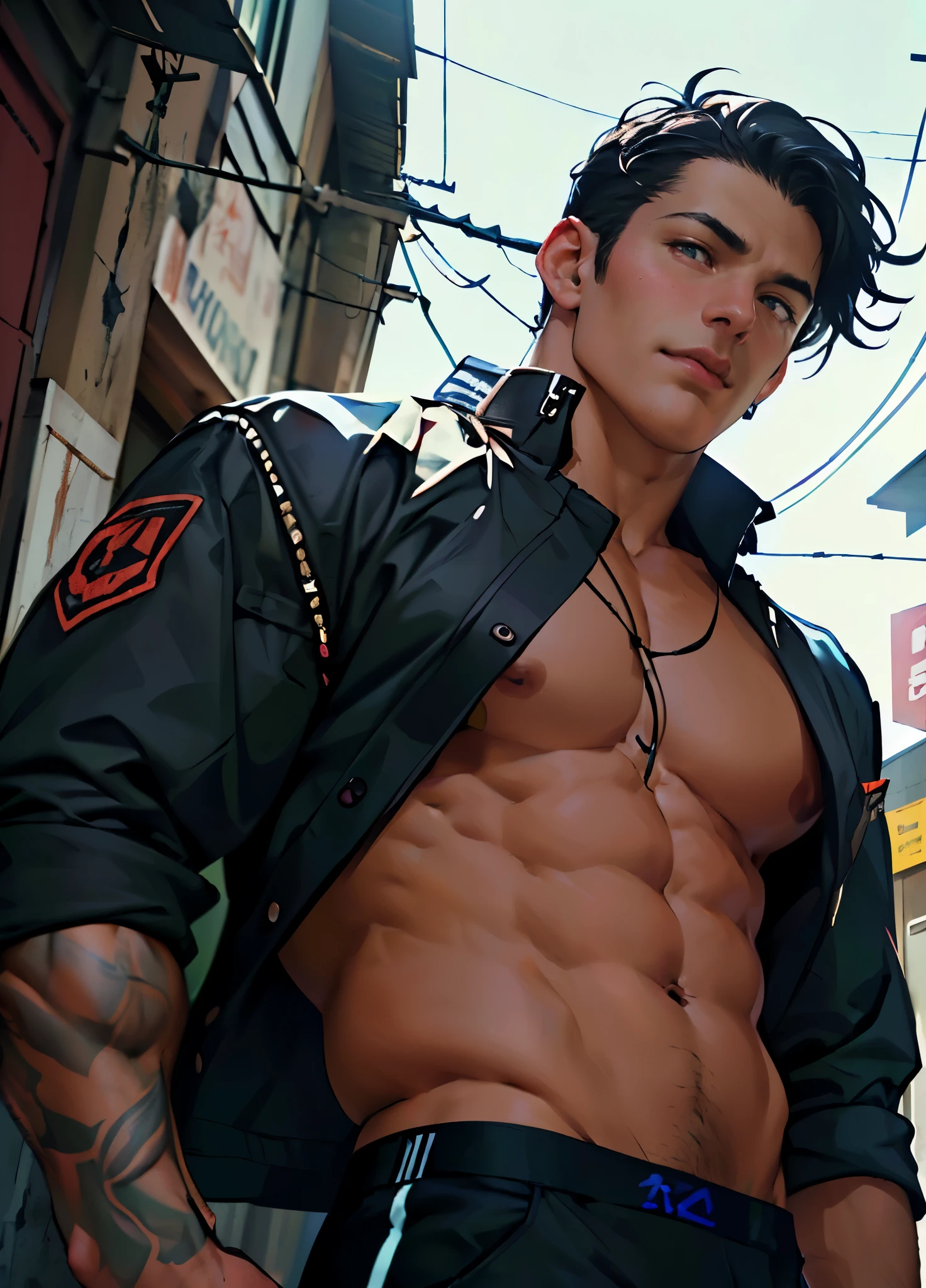(RAW photo, best quality), (realistic, photo-realistic:1.3), masterpiece, an extremely manly and masculine, extremely detailed, CG, unity , 2k wallpaper, Amazing, finely detail, extremely detailed CG unity 8k wallpaper, huge filesize, ultra-detailed, highres, absurdres, soft light, pietroboselli person, ((dark tan skin)), detailed fingers, extremely detailed eyes and face, beautiful detailed nose, beautiful detailed eyes, light on face, looking at viewer, (1man, mature face), realistic face, realistic body, underwear, shirtless, ((big bulge on underwear)), big rounded ass, ((black hair)), ((short hair)), ((Upper body view))