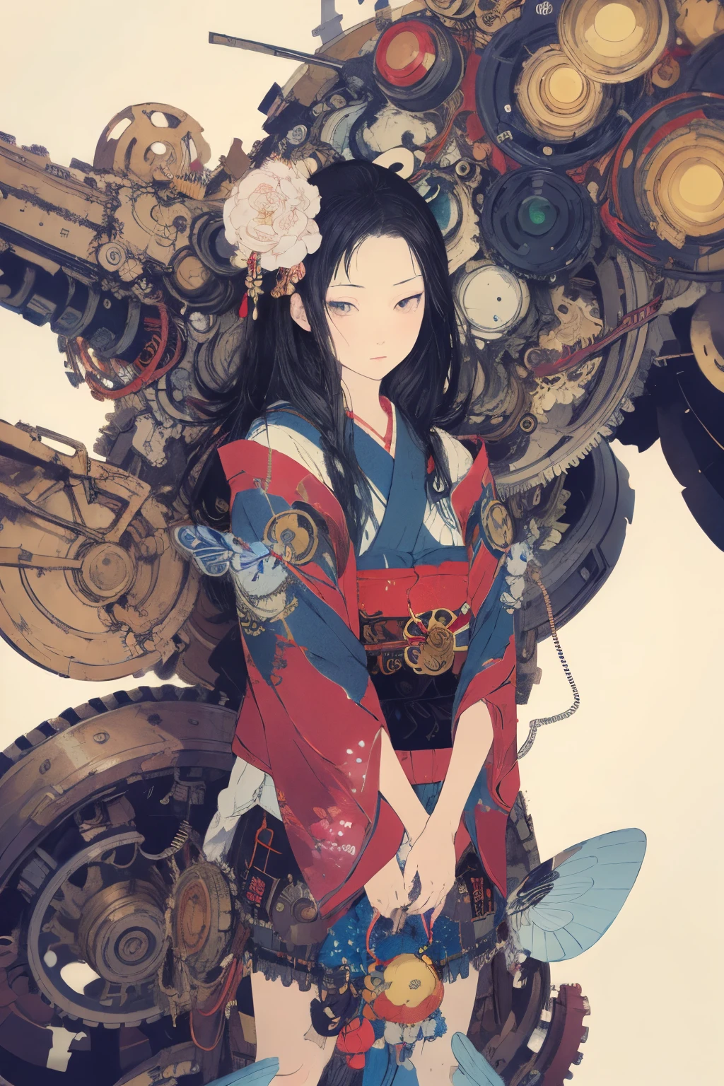 (best quality,4k,8k,high resolution,masterpiece:1.2),Super detailed,(actual,photoactual,photo-actual:1.37),girl,Mechanical,Steampunk,Japanese ukiyo-e style,,Metallic,fluid motion,Stylish design,cybernetic enhancement,Exquisite gears and gears,Wires and circuits,intense gaze,bright colors,ethereal lights,Mechanical transformation,Mechanical limbs,futuristic cityscape,Mechanical flowers and plants,cold and distant expression,unforgettably beautiful,Gorgeous kimono,translucent Mechanical wings,Mechanical butterflies,glowing eyes,A fusion of traditional and modern elements,meticulous artistry,precision engineering,meticulous details,industrial aesthetics,Movements are elegant and calm,Seamless integration of man and machine,otherworldly existence，White background，best details，超high resolution