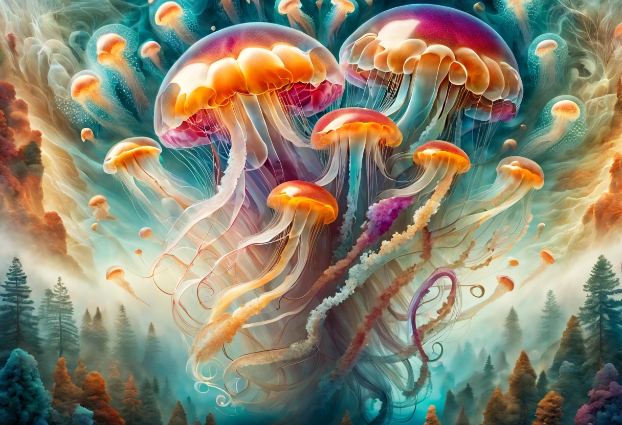 Envision a captivating illustration fusing Christian Lassen's modern art style with the technique of multiple exposures, capturing the ethereal beauty of jellyfish. Immerse the canvas in a kaleidoscope of colors, utilizing Lassen's signature vibrant palette. Employ multiple exposure techniques to create a mesmerizing interplay of translucent layers, enhancing the surreal and dreamlike quality of the scene. Let the fluid forms of jellyfish seamlessly blend with Lassen's characteristic organic shapes, creating a harmonious visual symphony. The resulting artwork should be a testament to the innovative intersection of Lassen's iconic style and the mesmerizing allure of jellyfish, inviting viewers into a world where art and nature coalesce in a captivating dance of light and form.