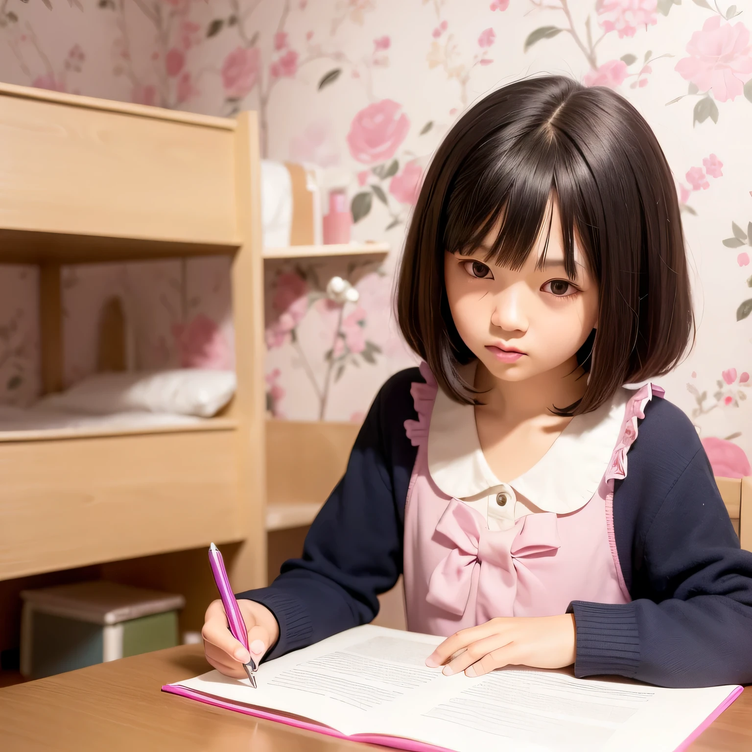 A  is writing a letter at his desk..、realistic pictures ,masterpiece, highest quality、Spreading black hair、bob cut with trimmed ends、(flat chest)、girl&#39;my room、flower wallpaper、10 years old、pink and purple fiece costume、see letter、Eyes in Love、Throb、cheeks are red、write a letter hard、seems to be happy、Red heart-shaped envelope on the desk