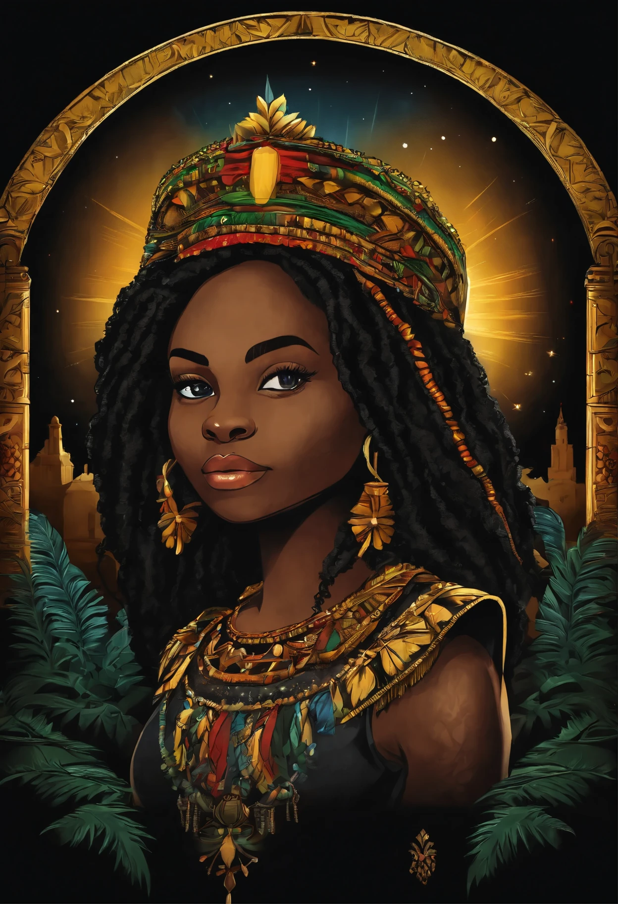 t-shirt art, 2D, ((black background :1, 5)), vector, vivid colors, chibi rasta outfit character, masterpiece, best quality, intricate details, perfect symmetrical face, realistic details, gothic theme, rim light, moonlight, cinematic shading, Greg Rutkowisk