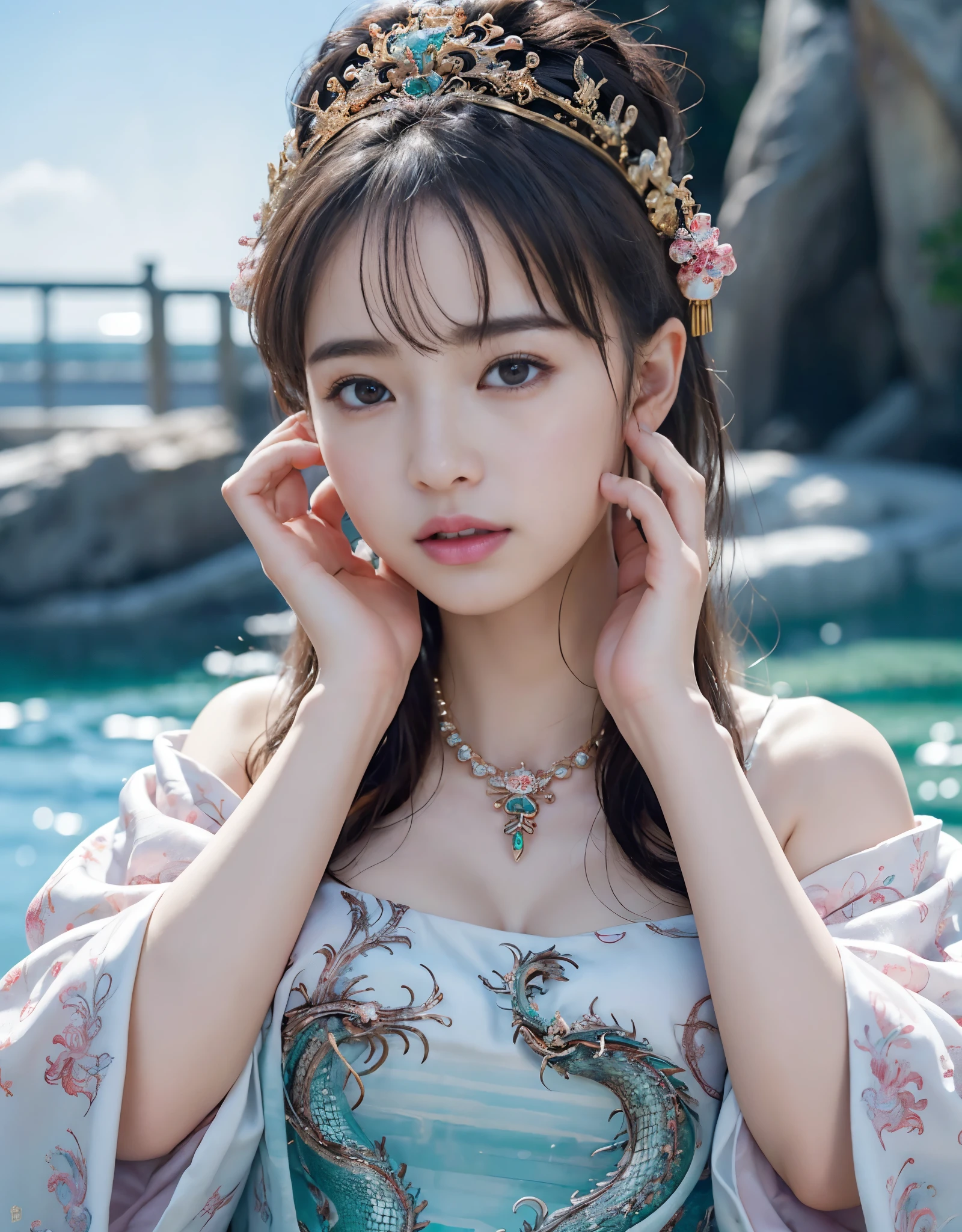 (very heavy chest)、highest quality、masterpiece、ultra high resolution、(ice dragon armor)、(((Metal製))),(((big breasts)))、(((Pink micro bikini with exposed details))),(she wears a beautiful crown made of precious stones.),(Photoreal:1.4)、RAW photo、1 girl、(((random hair))、(((color々take a pose)))、glowing skin、(((ice ice chinese dragon)))、intricate and gorgeous hair ornaments、(Looks like a gorgeous jewelry necklace)、(someone who looks at you calmly, Eyes like a goddess.)happiness:1.2).((beautiful sea background))、cliff、(ruins background)、((Ultra realistic details))、portrait、global illumination、(sexy pose)、Shadow、octane rendering、16k、big breasts、Raw skin exposed in the cleavage、Metal、intricate decorative details、Japan details、very intricate details、realistic light、CG Society Trenlow Eyes、Eyes shining towards the camera、(veil)、(((heavy big))),Shining eyes shine、armpit、24k,