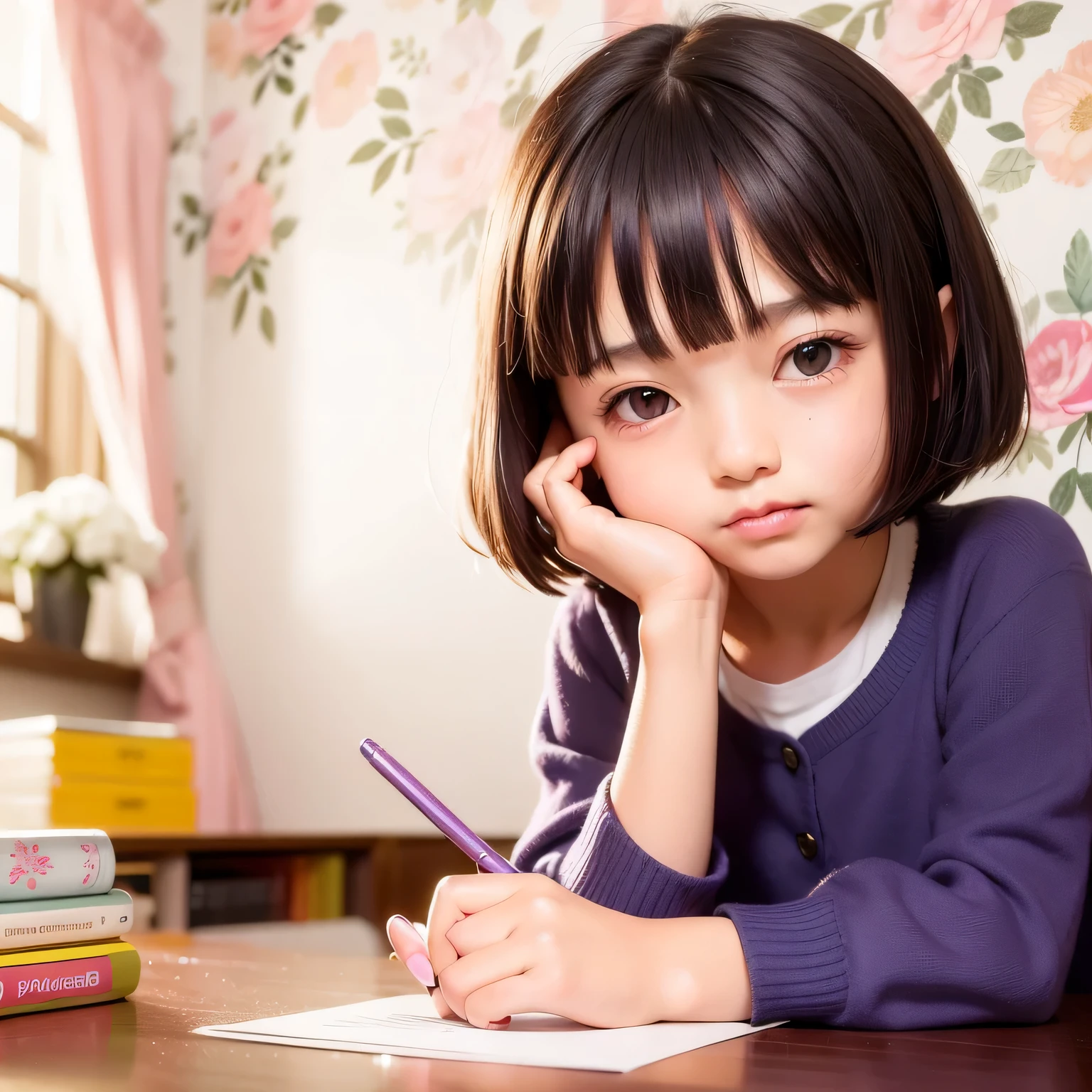 There is a little Japanese girl sitting at the table with a drink, adorable digital art, cute、beautiful, cute girl, nice digital painting, beautifullovely, Realistic cute girl drawing, cute detailed digital art, cute , cute and lovely, cute young girl, cute cartoon character, cute cartoon, cute portrait, cute cute, adorable expression, cute cute girl
