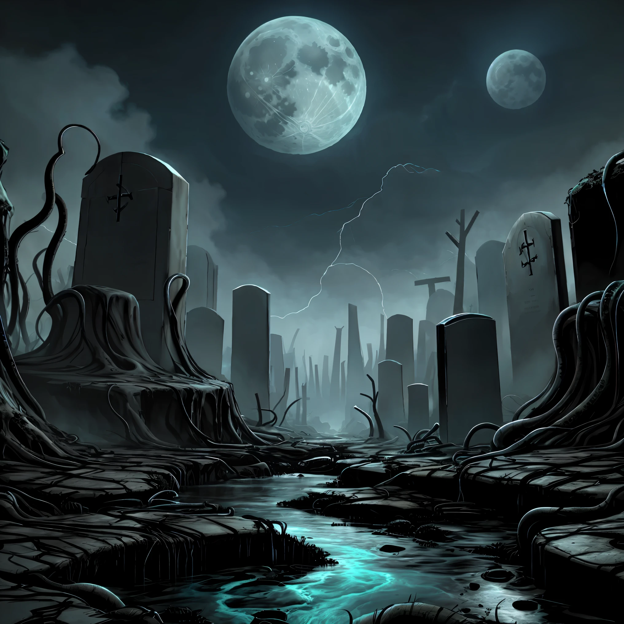 Madness evil landscape. Tentacles rising from the abyss, polluted river, macabre cemetery, bloody moon, unreal engine, UHD sketch color drawing