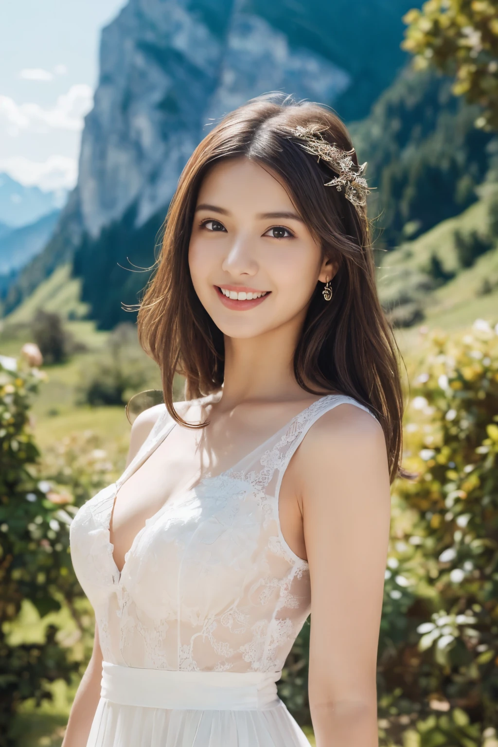 ((table top:1.4, highest quality)), (realistic pictures:1.4), 
((1 girl)), 
(超High resolution:1.2), very delicate and beautiful, wonderful, Highly detailed CG Unity 8k wallpaper, Super detailed, High resolution, 
soft light, beautiful detailed girl, highly detailed eyes and face, beautifully detailed nose, beautiful and detailed eyes, 
(Beautiful girl wearing a white dress:1.3), 
cinematic lighting, perfect anatomy, slender body, , 
(alpine nature:1.3), 
cowboy shot, looking at the viewer, smile
