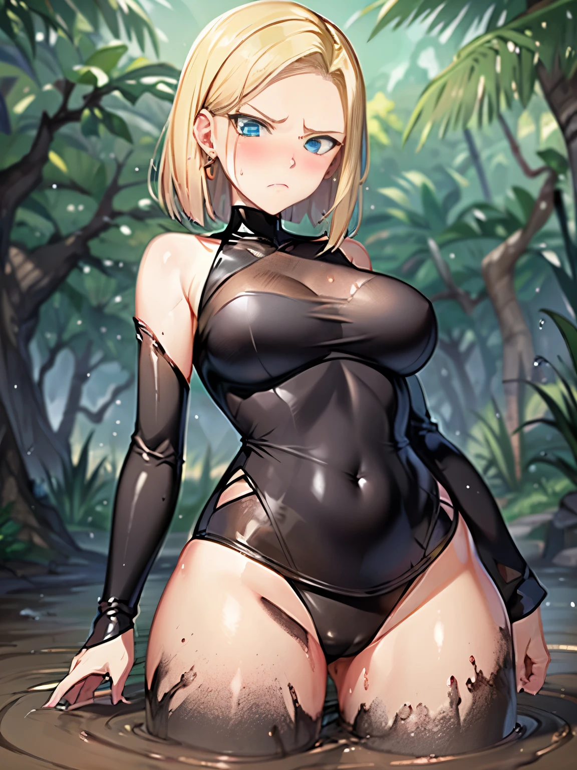 highest quality, High resolution, AND18, 1 girl, android 18, alone, blonde hair, blue eyes, short hair,earrings,big breasts, frown,blush, Sweat,Black tight suit,I put my hands on my hips.,looking at the viewer,jungle,Bottomless swamp,the sky is cloudy,The water surface is black and murky,It&#39;s raining,