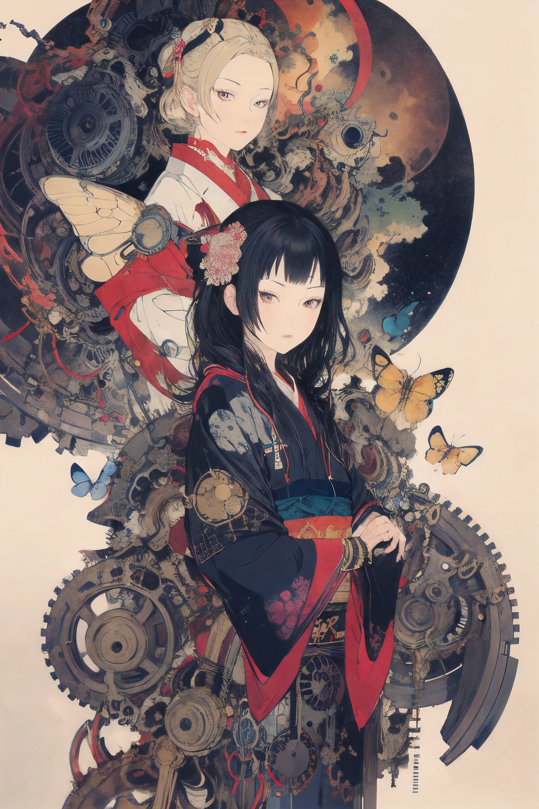 (best quality,4k,8k,high resolution,masterpiece:1.2),super detailed,(actual,photoactual,photo-actual:1.37),girl,Mechanical,Steampunk,Japanese ukiyo-e style,,Metallic,fluid motion,Stylish design,cybernetic enhancement,Beautiful gears and gears,Wires and circuits,intense gaze,bright colors,ethereal lights,Mechanical transformation,Mechanical limbs,futuristic cityscape,Mechanical flowers and plants,cold and distant expression,unforgettable beauty,Gorgeous kimono,translucent Mechanical wings,Mechanical butterflies,glowing eyes,A fusion of traditional and modern elements,meticulous artistry,precision engineering,Meticulous details,industrial aesthetics,Movements are elegant and calm,Seamless integration of humans and machines,otherworldly existence,White background,best details,超high resolution