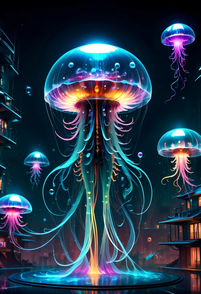 The jellyfish pavilion of the future,Mechanical水母亭子,Sci-Fi Jellyfish House,Surreal jellyfish architecture,bioMechanical style Ultra detailed illustrations, phantom magical creature, (Translucent skin: 1.5), (translucent body: 1.5) multiple sclerosis. scif'Art, neon lights, light particles, color, cmyk color, backlight, cyberpunk, close up, Mechanical, (whole body: 1.9), dark background, View from top to bottom. blend of organic and Mechanical elements, futuristic, cybernetic, detailed, complicated,Selective focus, Miniature effects, blurred background, highly detailed, Energetic, View control,(Rich color:1.6),