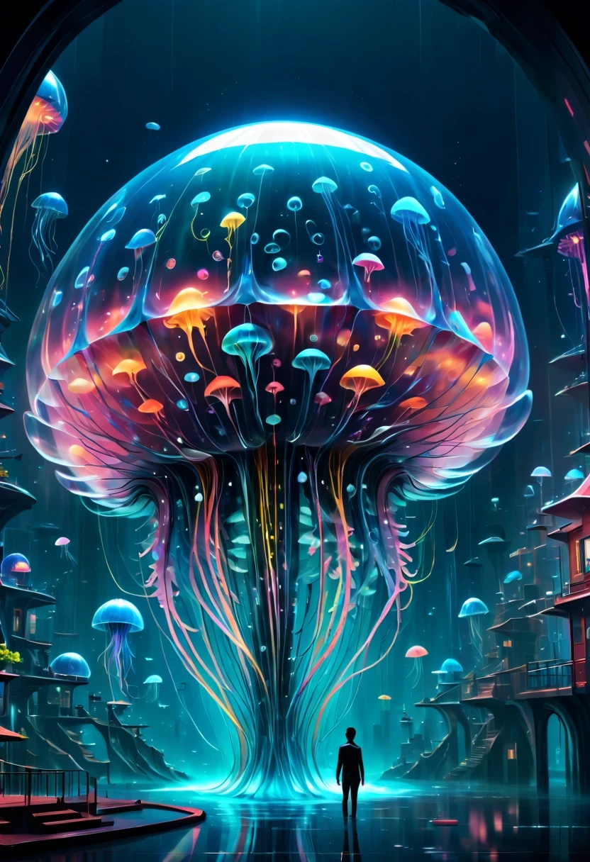 The jellyfish pavilion of the future，Mechanical水母亭子，Sci-Fi Jellyfish House，Surreal jellyfish architecture，bioMechanical style Ultra detailed illustrations, phantom magical creature, (Translucent skin: 1.5), (translucent body: 1.5) multiple sclerosis. scif&#39;Art, neon lights, light particles, color, cmyk color, backlight, cyberpunk, close up, Mechanical, (whole body: 1.9), dark background, View from top to bottom. blend of organic and Mechanical elements, futuristic, cybernetic, detailed, complicated,Selective focus, Miniature effects, blurred background, highly detailed, Energetic, View control,(Rich color:1.6),