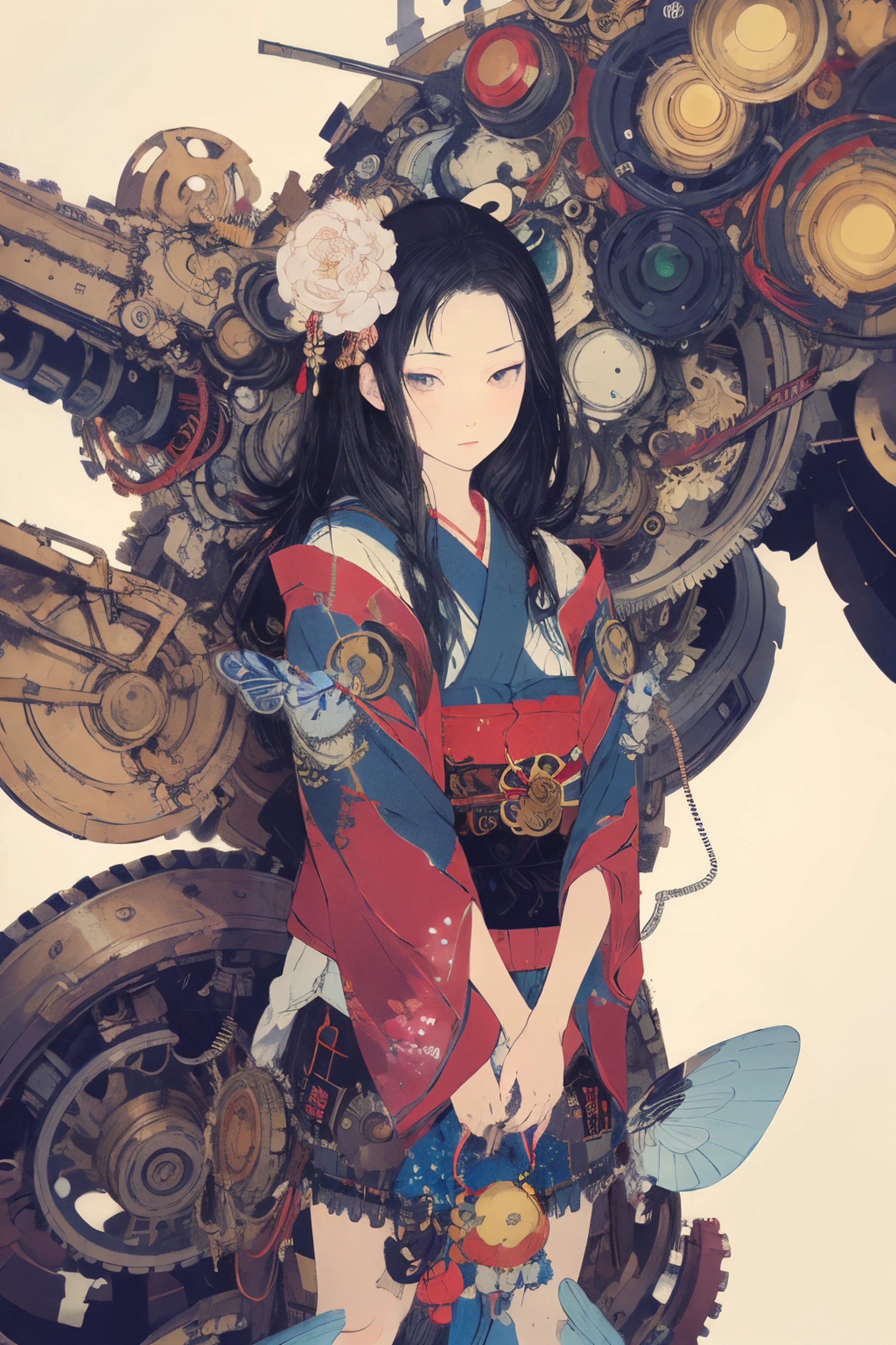 (best quality,4k,8k,high resolution,masterpiece:1.2),super detailed,(actual,photoactual,photo-actual:1.37),girl,Mechanical,Steampunk,Japanese ukiyo-e style,,Metallic,fluid motion,Stylish design,cybernetic enhancement,Beautiful gears and gears,Wires and circuits,intense gaze,bright colors,ethereal lights,Mechanical transformation,Mechanical limbs,futuristic cityscape,Mechanical flowers and plants,cold and distant expression,unforgettable beauty,Gorgeous kimono,translucent Mechanical wings,Mechanical butterflies,glowing eyes,A fusion of traditional and modern elements,meticulous artistry,precision engineering,Meticulous details,industrial aesthetics,Movements are elegant and calm,Seamless integration of humans and machines,otherworldly existence，White background，best details，超high resolution