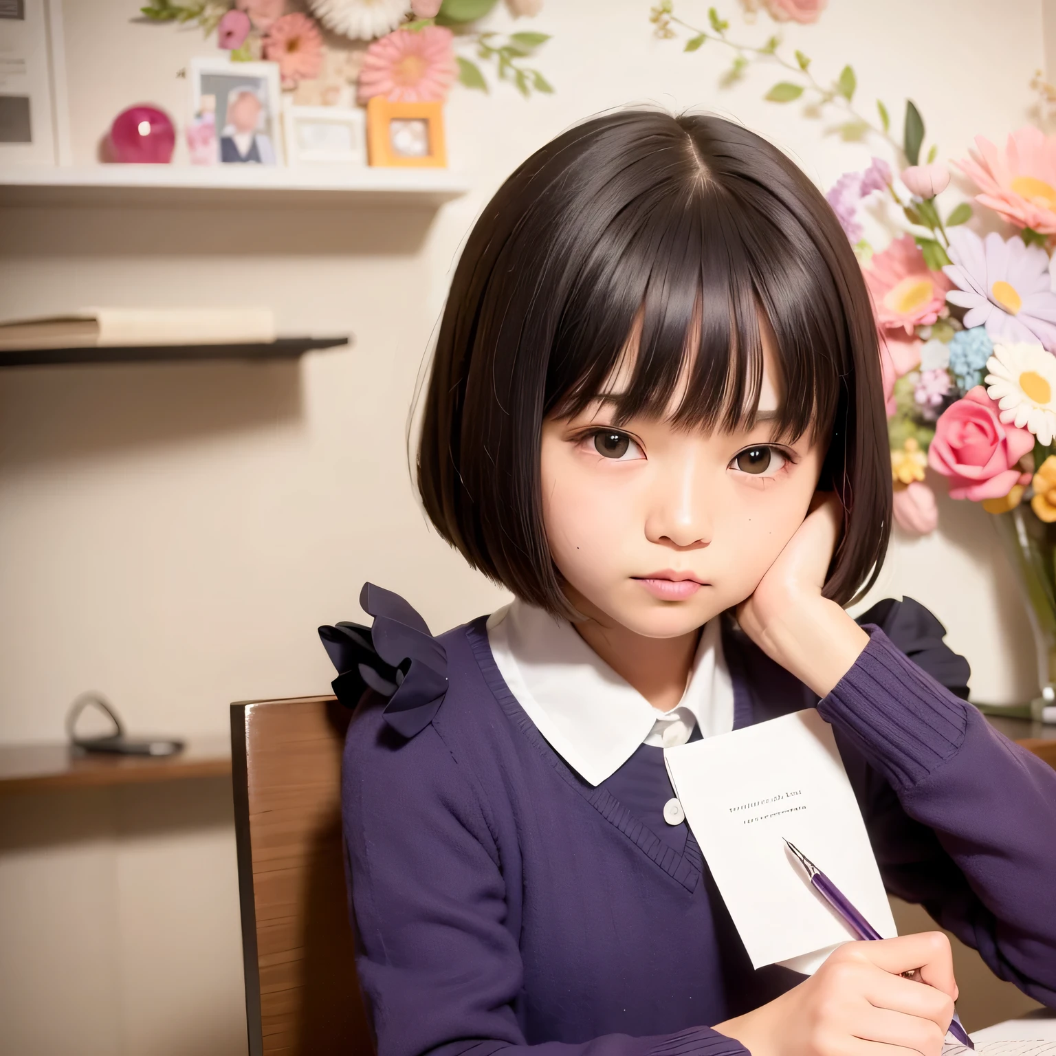 A  is writing a letter at his desk..、realistic pictures ,masterpiece, highest quality、Spreading black hair、bob cut with trimmed ends、(flat chest)、girl&#39;my room、flower wallpaper、10 years old、pink and purple fiece costume、see letter、Eyes in Love、Throb、cheeks are red、write a letter hard、seems to be happy