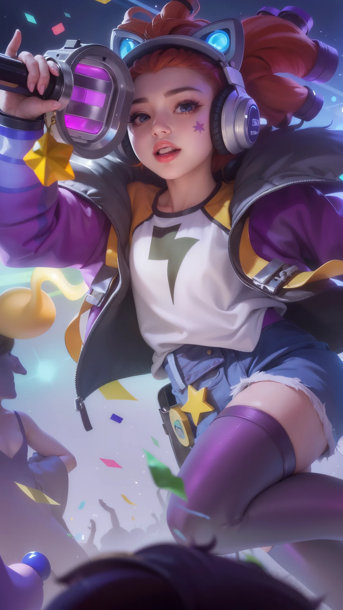(8k, RAW photo, photorealistic:1.25) ,( lipgloss, eyelashes, gloss-face, glossy skin, best quality, ultra highres, depth of field, chromatic aberration, caustics, Broad lighting, natural shading,Kpop idol) looking at viewer with a serene and goddess-like happiness, there is a cute face with headphones on holding a nintendo wii controller, youthful taliyah, kda, orianna, extremely detailed artgerm, artgerm lau, artgerm jsc, style artgerm, zenra taliyah, ! dream artgerm, official splash art, range murata and artgerm, ig model | artgerm, blue eyes.