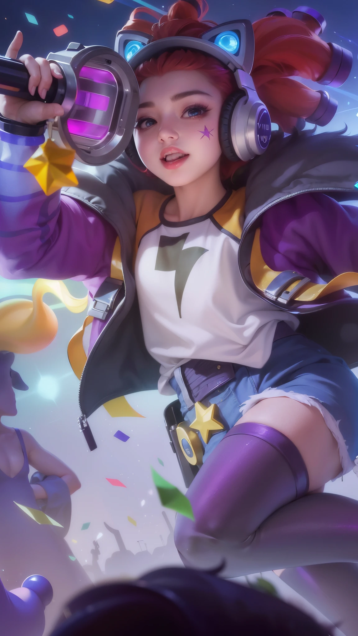 (8k, RAW photo, photorealistic:1.25) ,( lipgloss, eyelashes, gloss-face, glossy skin, best quality, ultra highres, depth of field, chromatic aberration, caustics, Broad lighting, natural shading,Kpop idol) looking at viewer with a serene and goddess-like happiness, there is a cute face with headphones on holding a nintendo wii controller, youthful taliyah, kda, orianna, extremely detailed artgerm, artgerm lau, artgerm jsc, style artgerm, zenra taliyah, ! dream artgerm, official splash art, range murata and artgerm, ig model | artgerm, blue eyes.