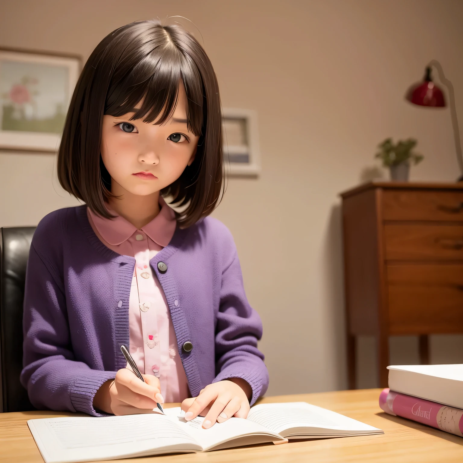 A is writing a letter at his desk..、realistic pictures ,masterpiece, highest quality、Spreading black hair、bob cut with trimmed ends、(flat chest)、girl'my room、flower wallpaper、10 years old、pink and purple fiece costume、see letter、Eyes in Love、Throb、cheeks are red、write a letter hard、seems to be happy、Red heart-shaped envelope on the desk