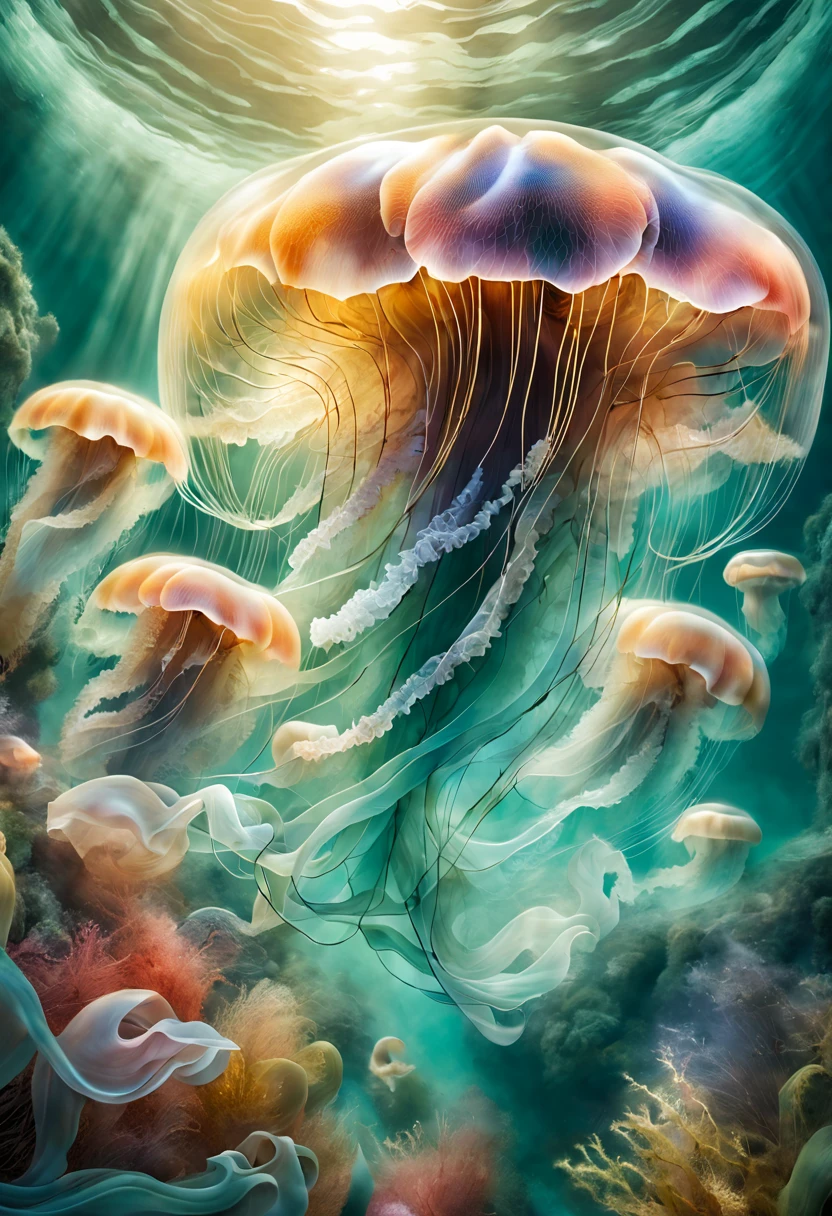 Merge the captivating style of Christian Lassen's modern art with the dynamic technique of multiple exposures to craft an enchanting illustration of jellyfish. Envision a canvas where Lassen's surreal colors meet the intricacy of multiple exposed layers, creating a mesmerizing dance of transparency and vibrancy. Infuse the scene with a dreamlike quality, capturing the ethereal glow of jellyfish in an underwater ballet. Utilize Lassen's characteristic organic shapes and vivid palette to enhance the visual impact. Employ advanced digital rendering techniques to seamlessly blend the layers, ensuring a harmonious marriage of Lassen's artistic flair and the hypnotic allure of jellyfish. Let the resulting image be a testament to the innovative convergence of modern art and photographic techniques, offering viewers a captivating visual symphony.