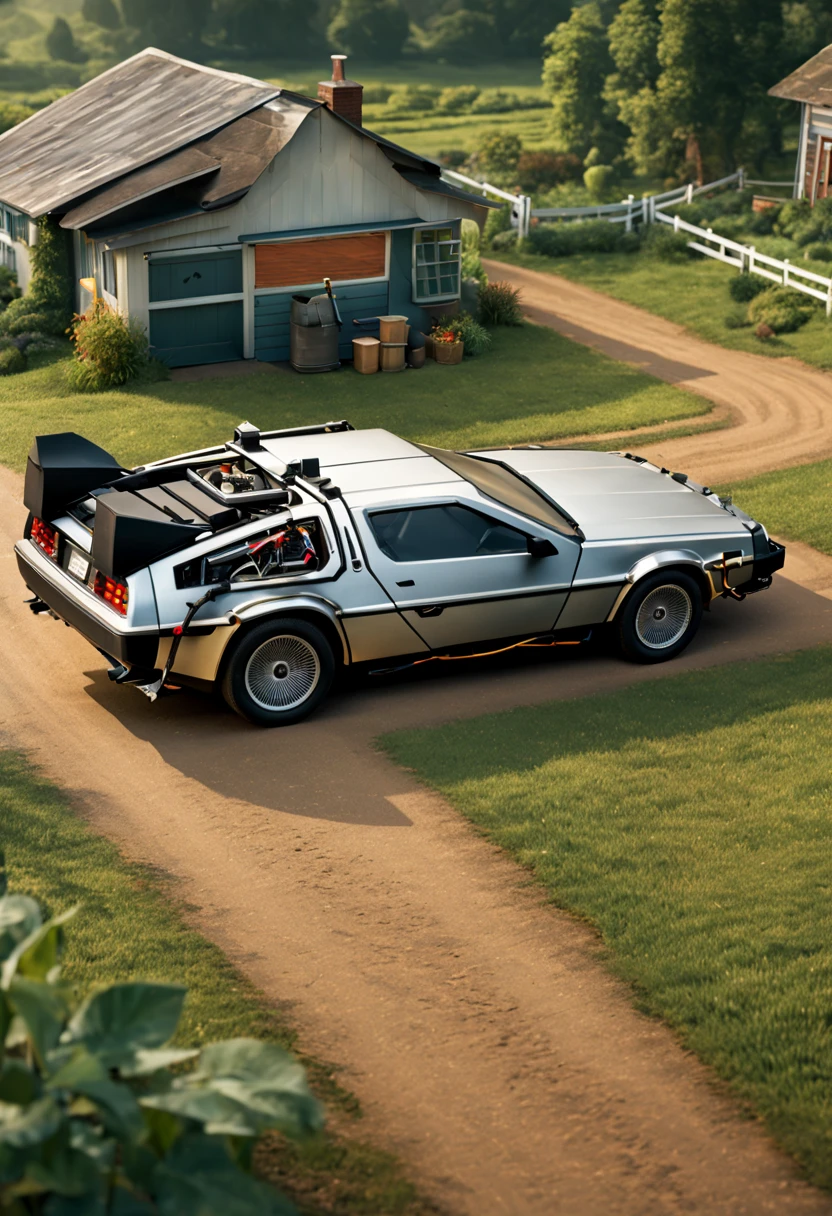 Delorean time machine from the back to the future movies, driving into the farm, high resolution, high quality, 8k, isometric style