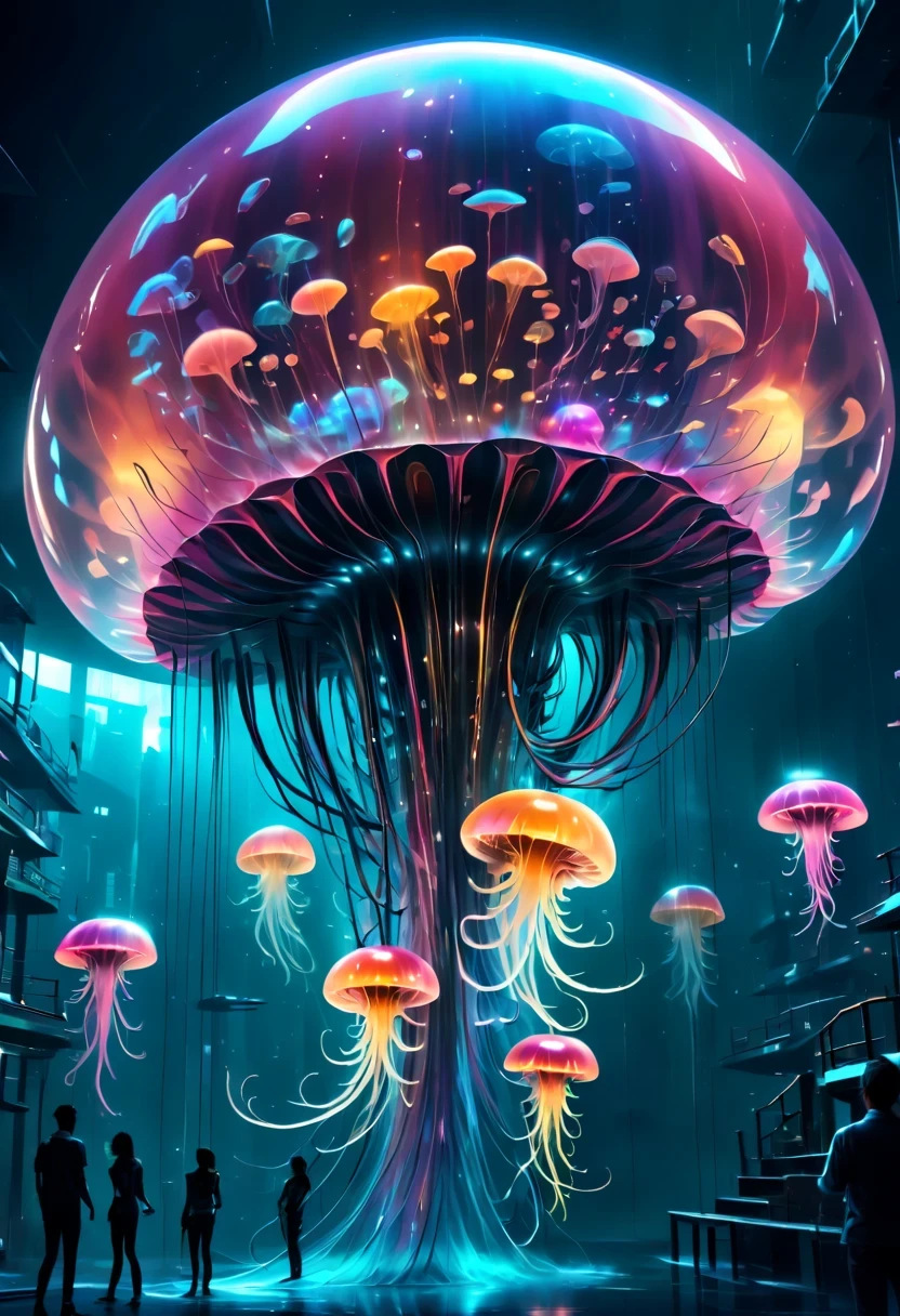 The jellyfish pavilion of the future,Mechanical水母亭子,Sci-Fi Jellyfish House,Surreal jellyfish architecture,bioMechanical style Ultra detailed illustrations, phantom magical creature, (Translucent skin: 1.5), (translucent body: 1.5) multiple sclerosis. scif'Art, neon lights, light particles, color, cmyk color, backlight, cyberpunk, close up, Mechanical, (whole body: 1.9), dark background, View from top to bottom. blend of organic and Mechanical elements, futuristic, cybernetic, detailed, complicated,Selective focus, Miniature effects, blurred background, highly detailed, Energetic, View control,(Rich color:1.6),