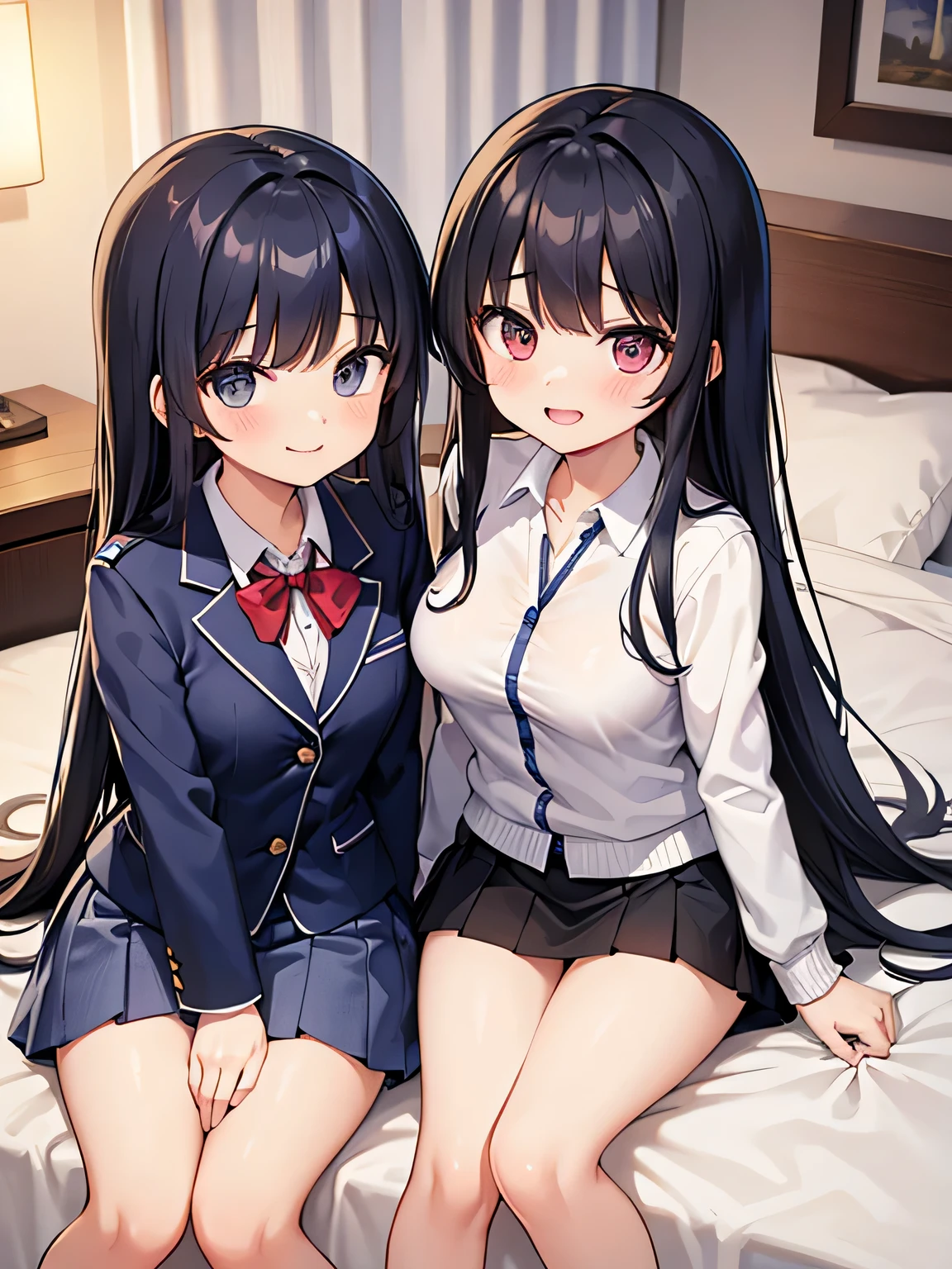 (1) The sisters are sitting on the bed holding their knees, My sister&#39;s pink panties and my sister&#39;s white panties are visible between her thighs and skirt..
(2) The older sister is a member of society and wears a white turtle knit., Denim miniskirt and black socks.
(3) my sister is a high school student, So she is wearing a uniform consisting of a navy blue blazer and a navy blue miniskirt.。, and she wears loose socks.
(4) My sister has long black hair.
(5) My sister has brown bobbed hair.
(6) Both my older sister and younger sister have no volume in their breasts..
(7) Both my older sister and younger sister have provocative personalities., There&#39;s a grin on their face.
(8) The location is the bed in the bedroom of an apartment at night..