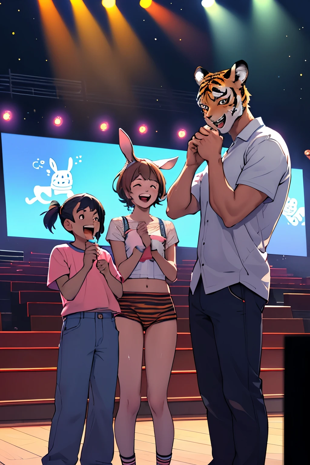 a stand up comedy performance in an open space featuring 2 teenage boys and 1 girl showing a funny scene, they are showing a magic trick with a bunny, cat, and tiger mask on. Around them the audience that consist of children, teenagers, and parents watching the show, show some of the audience happy expressions, burst of laughing holding their stomachs.