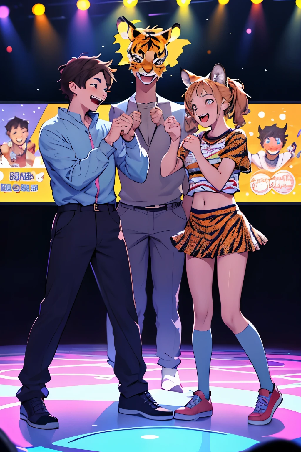 a stand up comedy performance in an open space featuring 2 age boys and 1 girl showing a funny scene, they are showing a magic trick with a bunny, cat, and tiger mask on. Around them the audience that consist of children, teens, and parents watching the show, show some of the audience happy expressions, burst of laughing holding their stomachs.