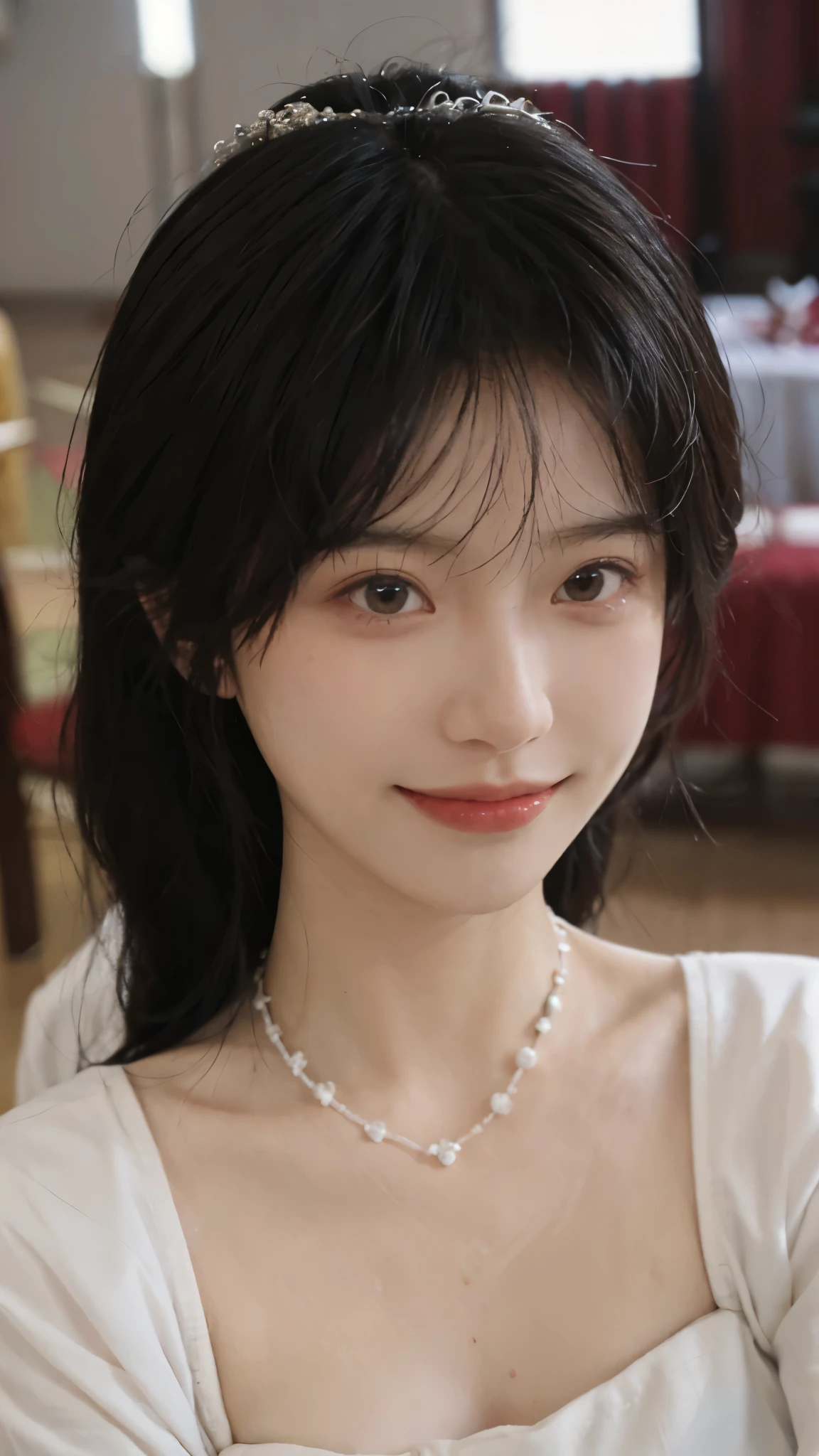 best quality， ultra high resolution， （realistically：1.4），cute hairpin，Baoyu Girl，Standing in the wedding hall，（flat chest：1.2） ，A pair of clear and charming peach blossom eyes,Royal sister，The sun shines on the face，Big wavy hairstyle，（necklace：1.2），（White skin：1.4），a sense of atmosphere，a beautiful girl， Smile，Looking directly at the viewer， Close-up cleavage ，(lifelike:1.4),1 girl,Sexy,(Upper body:1.4),(wet),(:1.2)