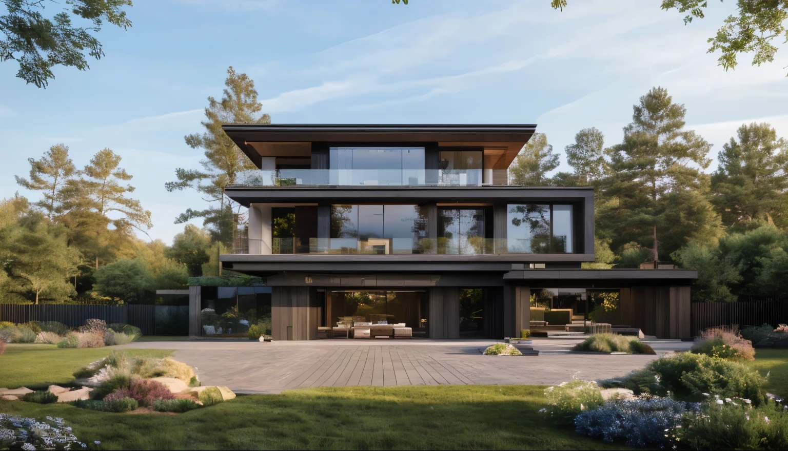 (masterpiece),(high quality), best quality, real,(realistic), super detailed, (full detail),(4k),8k,modern house exterior design,Modern architecture,Sandstone,whitewall,Beautiful_sky,Day light, no_humans, outdoors,sky,tree,Garden flower front of building,