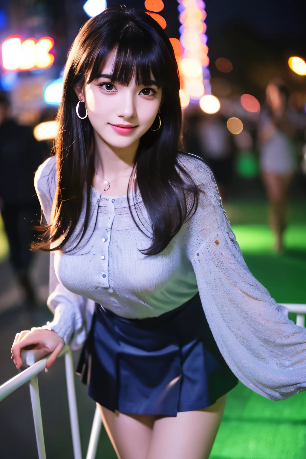 (8k, RAW photo, highest quality, masterpiece:1.2), super detailed, ultra high resolution, (realistic, photo realistic:1.37), portrait, High-definition RAW color photo, professional photos, very delicate and beautiful, very detailed, 8k wallpaper, wonderful, finely, huge file size, official art, very detailed CG unity 8k wallpaper, very detailed beautiful girl, very detailed face, very detailed eyes, very detailed skin, very detailed fingers, very detailed nose, very detailed mouth, perfect anatomy, very detailed背景, very detailed clothing, 1 girl, (18-year-old:1.2), age, cute girl, famous japanese idol, cute, (small breasts:1.2), realistic body, , Fair skin, shiny skin, slender body, good figure, black hair, long straight hair, (dull bangs:1.2), smile, cute, young, cute face, baby face, realistic face, beautiful detailed eyes, droopy eyes, beautiful big eyes, (smock blouse:1.2), skirt, thigh, necklace, earrings, looking at the viewer, cowboy shot, facing the front, (selfie:1.1), reach out your hand, outdoors, (night:1.2), neon city, neon light, neon sign, public, crowd, dynamic lighting,