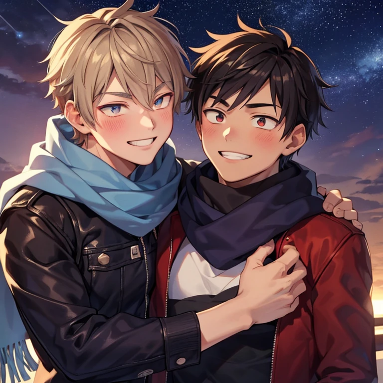 (2 boy),16 years old,manly,(((smile))),hug,close contact,look at each other,blush,scarf,winter,starry sky,masterpiece,best quality,ultra-detailed,High quality, high resolution,perfect anatomy,detailed,beautiful detailed eyes,full arms,full hand