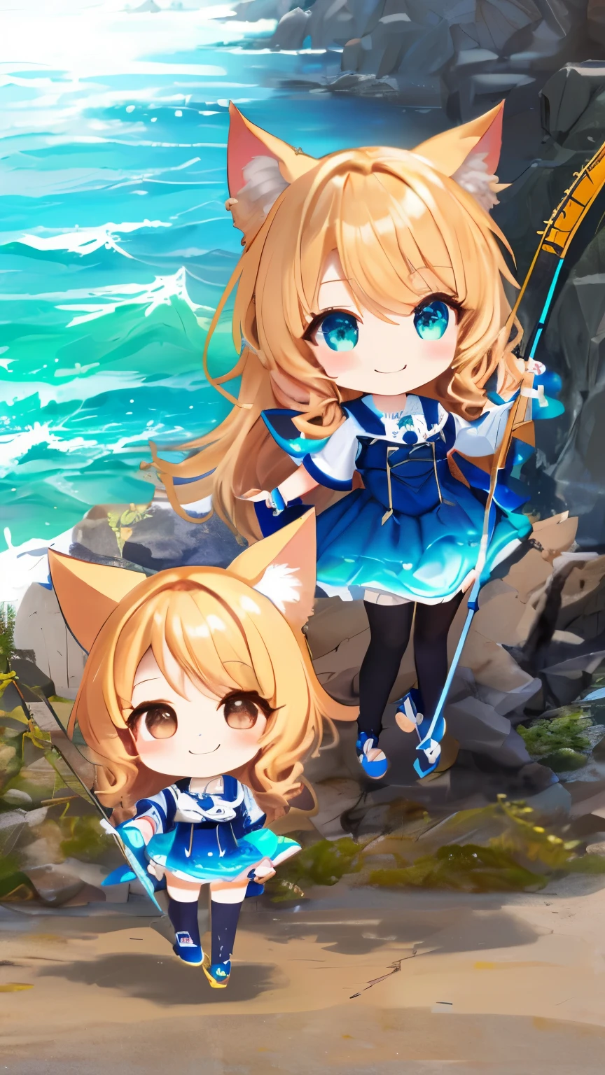 (Chibi Chibi: 1.3), alone, whole body, wearing sexy cute clothes, highly detailed face, (smile: 1.3), lively, (sculpture pose: 1.4), detailed and beautiful eyes, look up, (eye to eye), Light brown long hair, Cat ear, neon, masterpiece, highest quality, Highly detailed skin 16K wallpaper、Shiny skin texture、has a realistic fishing rod、Detailed and beautiful fishing rod、Realistic ocean background、There are waves、standing on the shore、