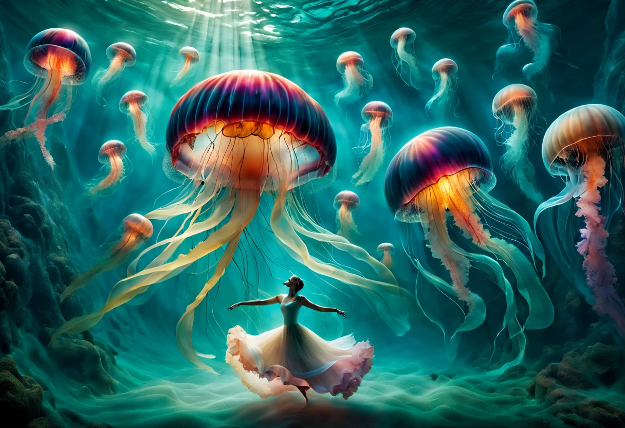 Merge the captivating style of Christian Lassen's modern art with the dynamic technique of multiple exposures to craft an enchanting illustration of jellyfish. Envision a canvas where Lassen's surreal colors meet the intricacy of multiple exposed layers, creating a mesmerizing dance of transparency and vibrancy. Infuse the scene with a dreamlike quality, capturing the ethereal glow of jellyfish in an underwater ballet. Utilize Lassen's characteristic organic shapes and vivid palette to enhance the visual impact. Employ advanced digital rendering techniques to seamlessly blend the layers, ensuring a harmonious marriage of Lassen's artistic flair and the hypnotic allure of jellyfish. Let the resulting image be a testament to the innovative convergence of modern art and photographic techniques, offering viewers a captivating visual symphony.