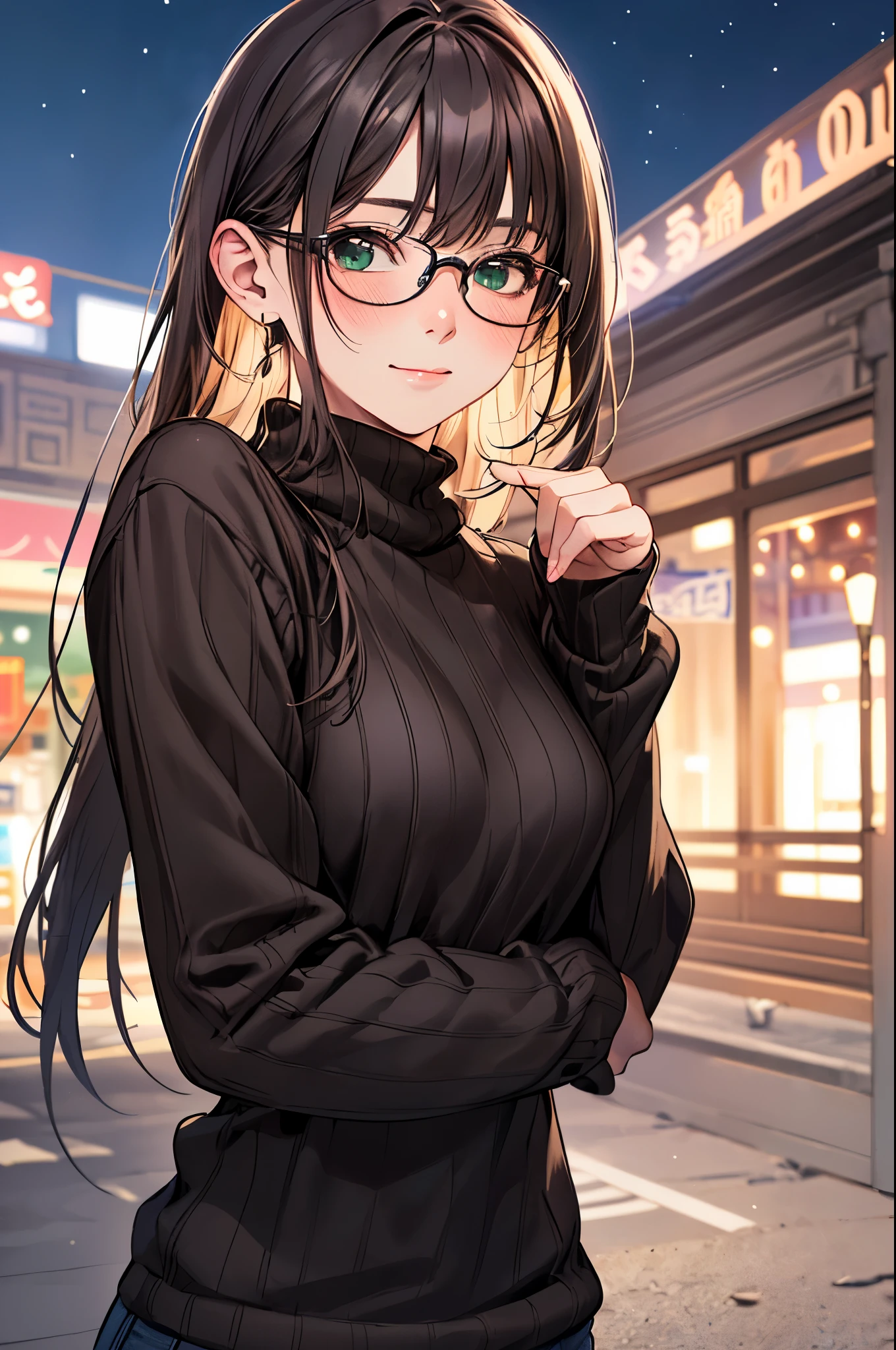 Pay attention to your audience、green eyes、東京のnight view、(highest quality、master masterpiece)))、HD fine、very detailed、master masterpiece、movie lighting、(8k、highest quality、master masterpiece:1.2)、(realistic、Photoreal:1.37) High resolution、Super detailed、woman wearing glasses、Silent expression、round glasses、Asian, cute, cute顔, alone, rough skin, Beautiful smile, Beautiful and detailed night sky, night view, movie lighting, Depth of written boundary, lens flare light、date、(blush your nose)、、(closed your mouth)small breasts、beautiful detailed eyes、(sweater:1.1)